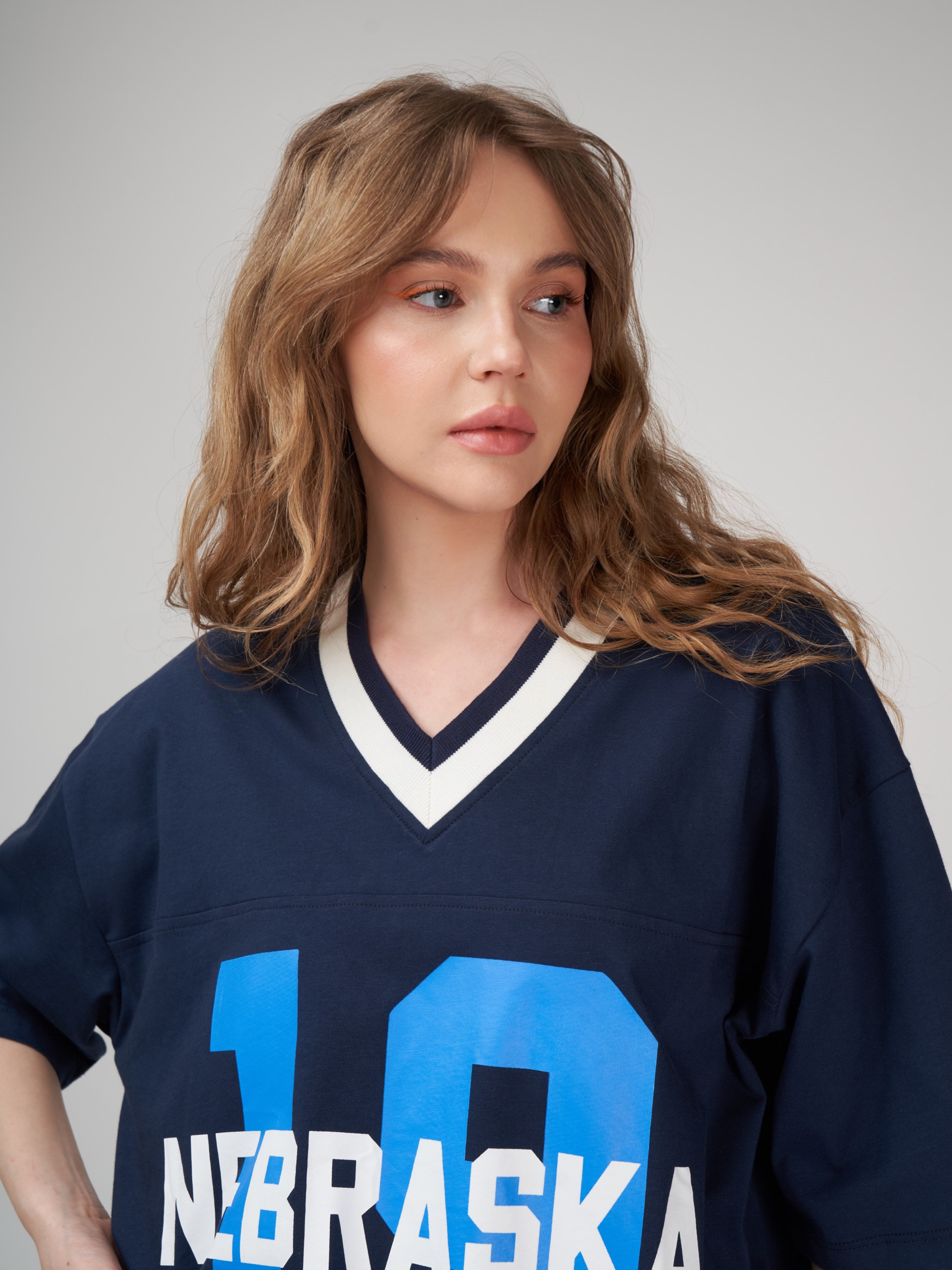 Baskılı Kısa Kol Oversize T-shirt Lacivert