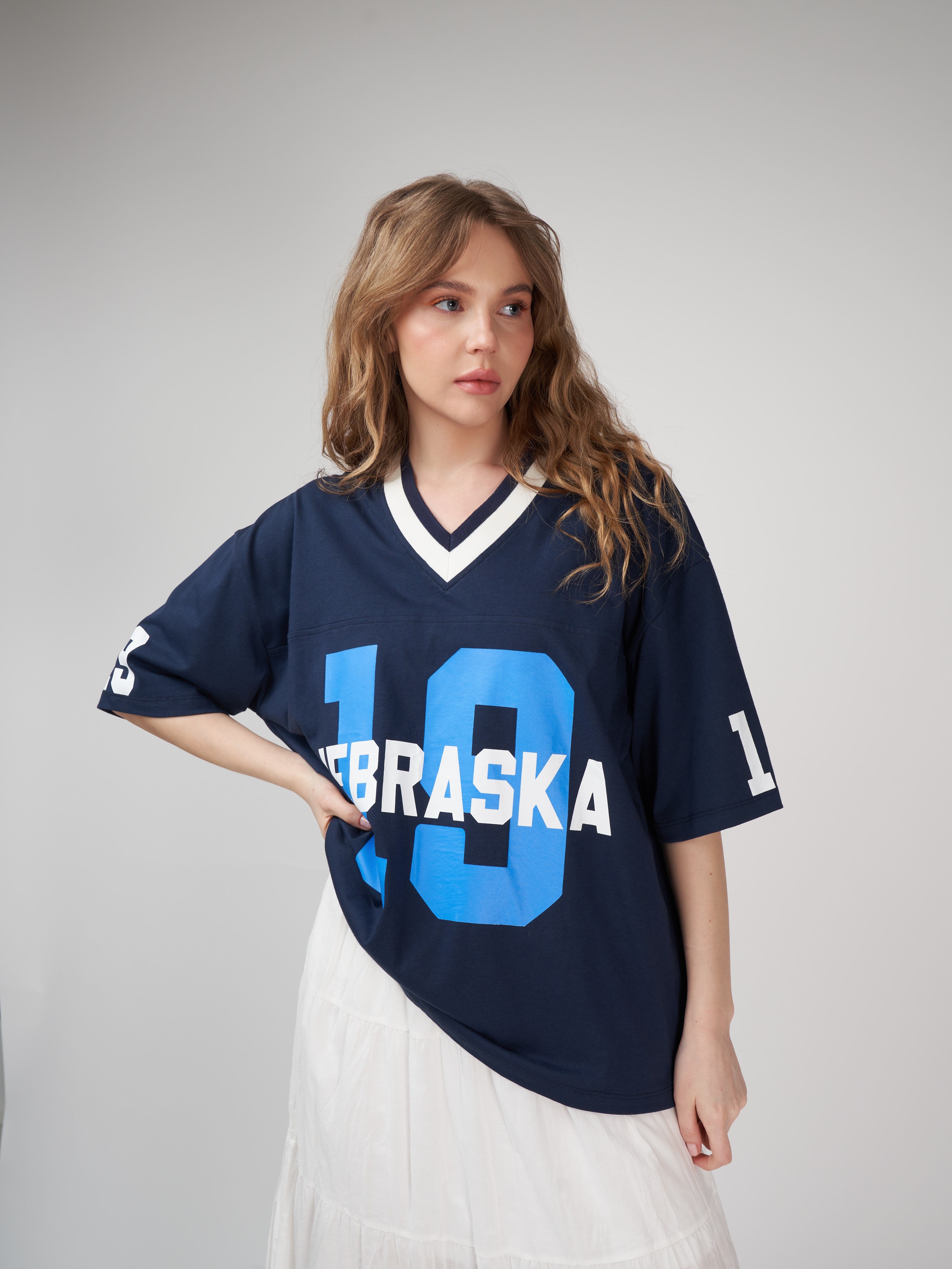 Baskılı Kısa Kol Oversize T-shirt Lacivert