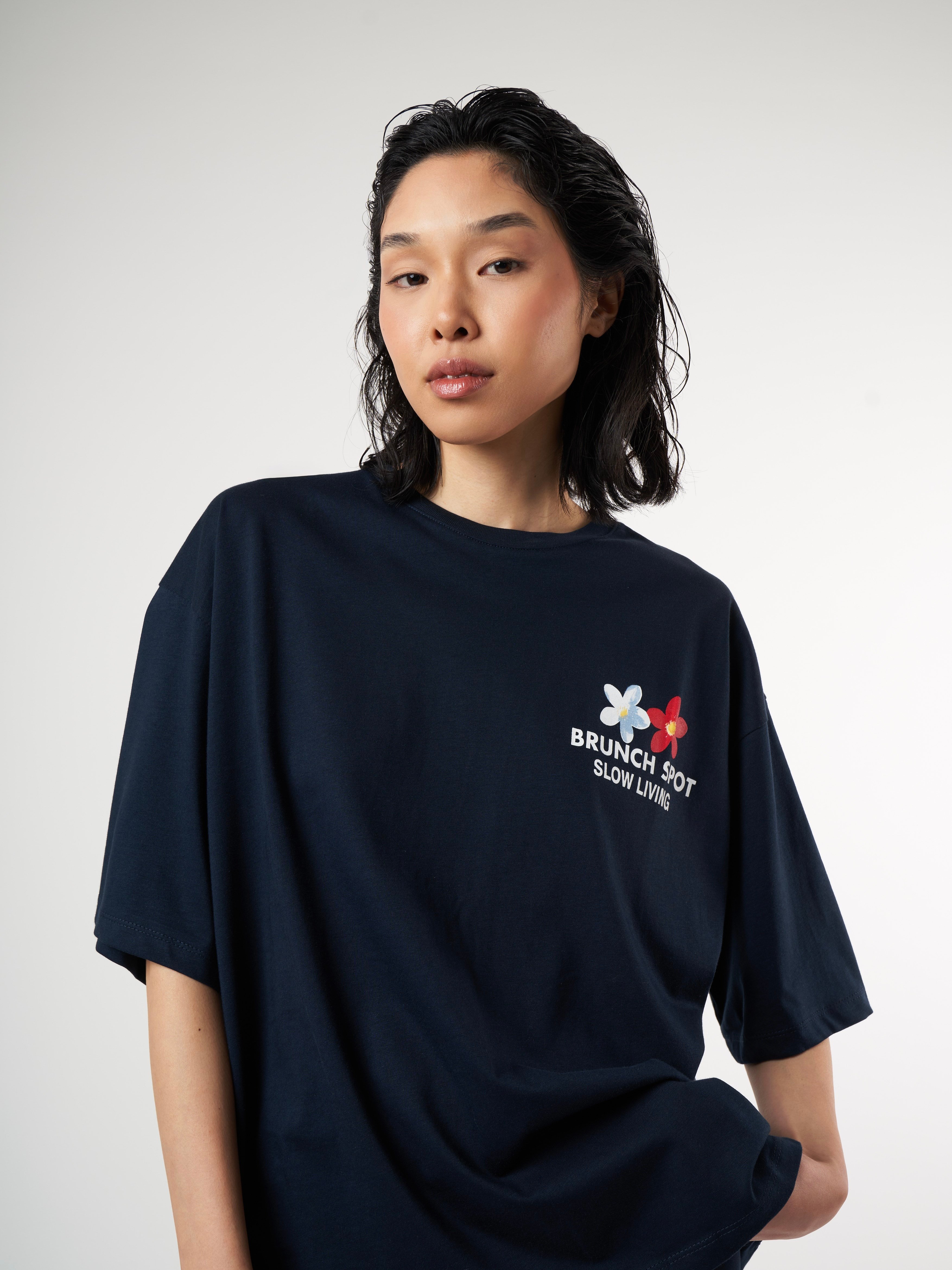 Baskılı Kısa Kol Oversize T-shirt Lacivert