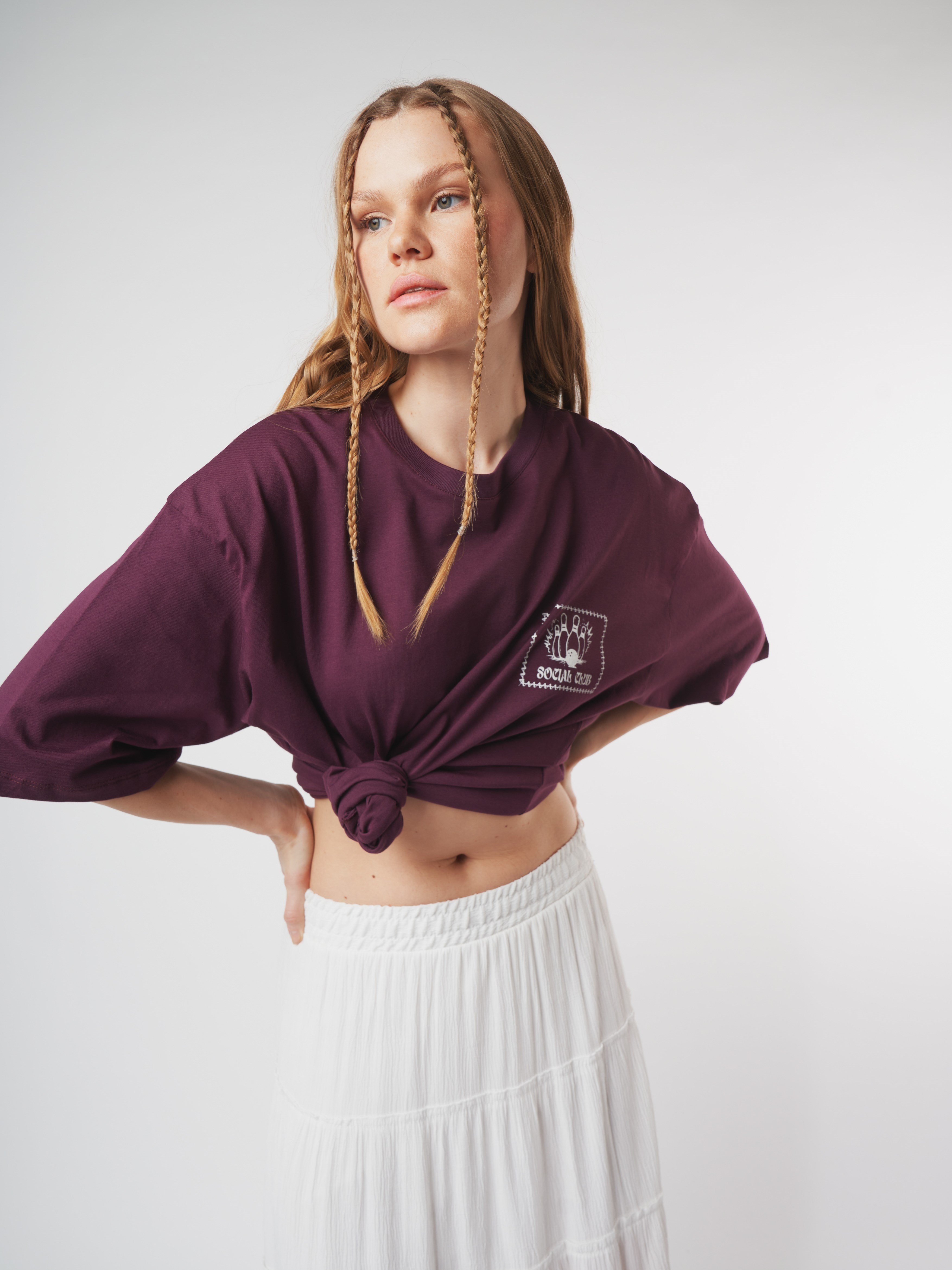 Baskılı Kısa Kol Oversize T-shirt Mürdüm