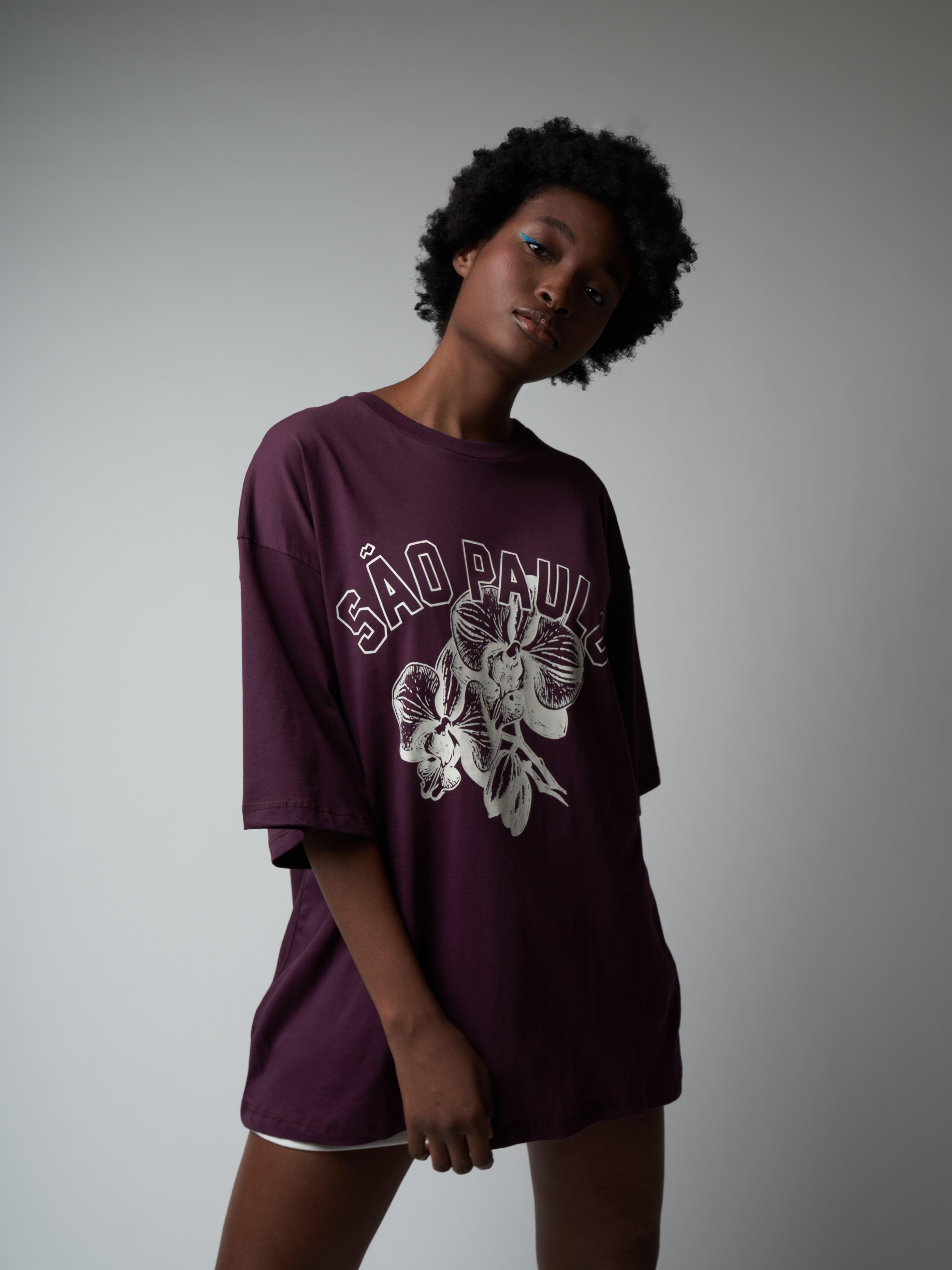 Baskılı Kısa Kol Oversize T-shirt Mürdüm