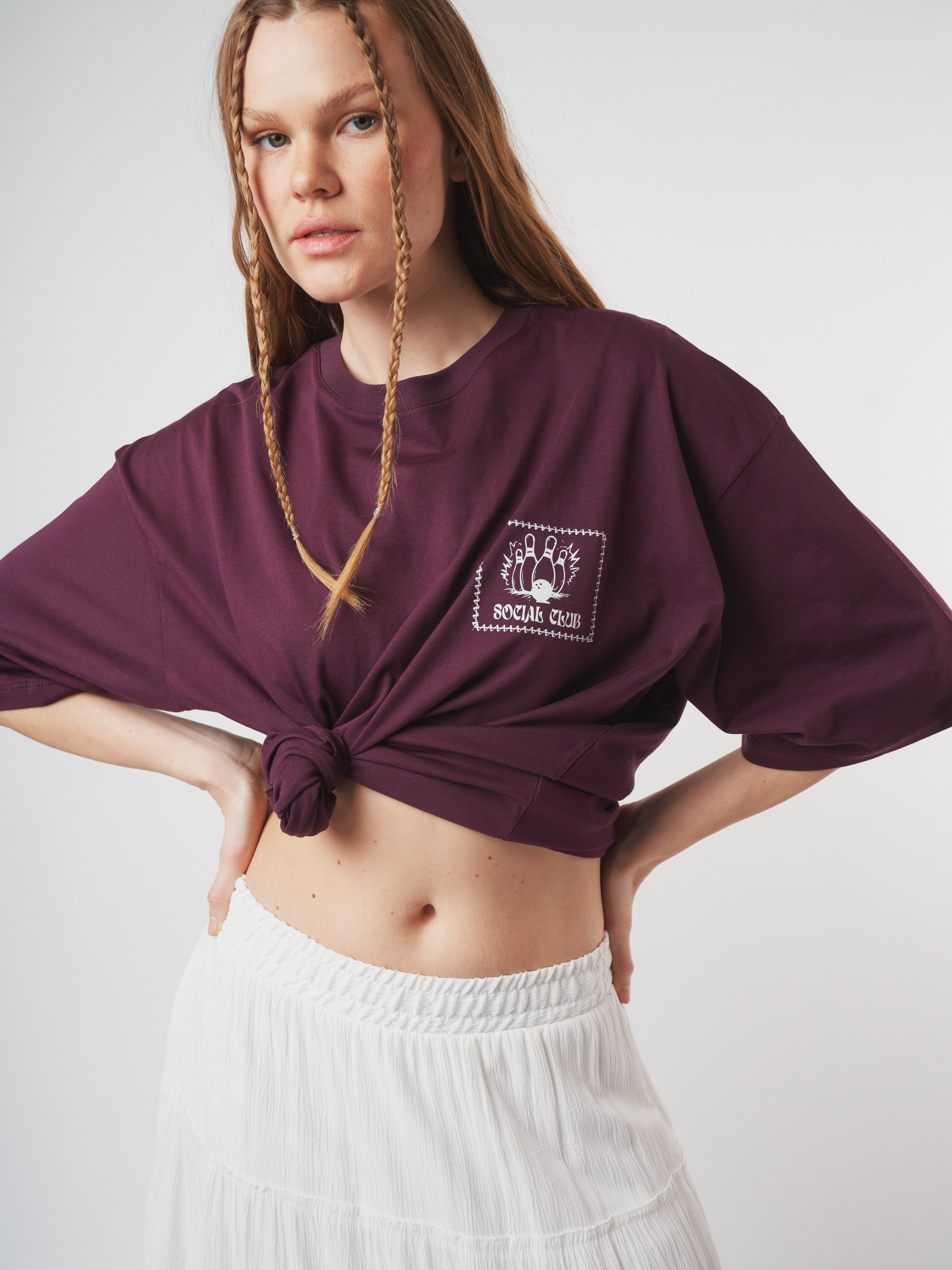 Baskılı Kısa Kol Oversize T-shirt Mürdüm