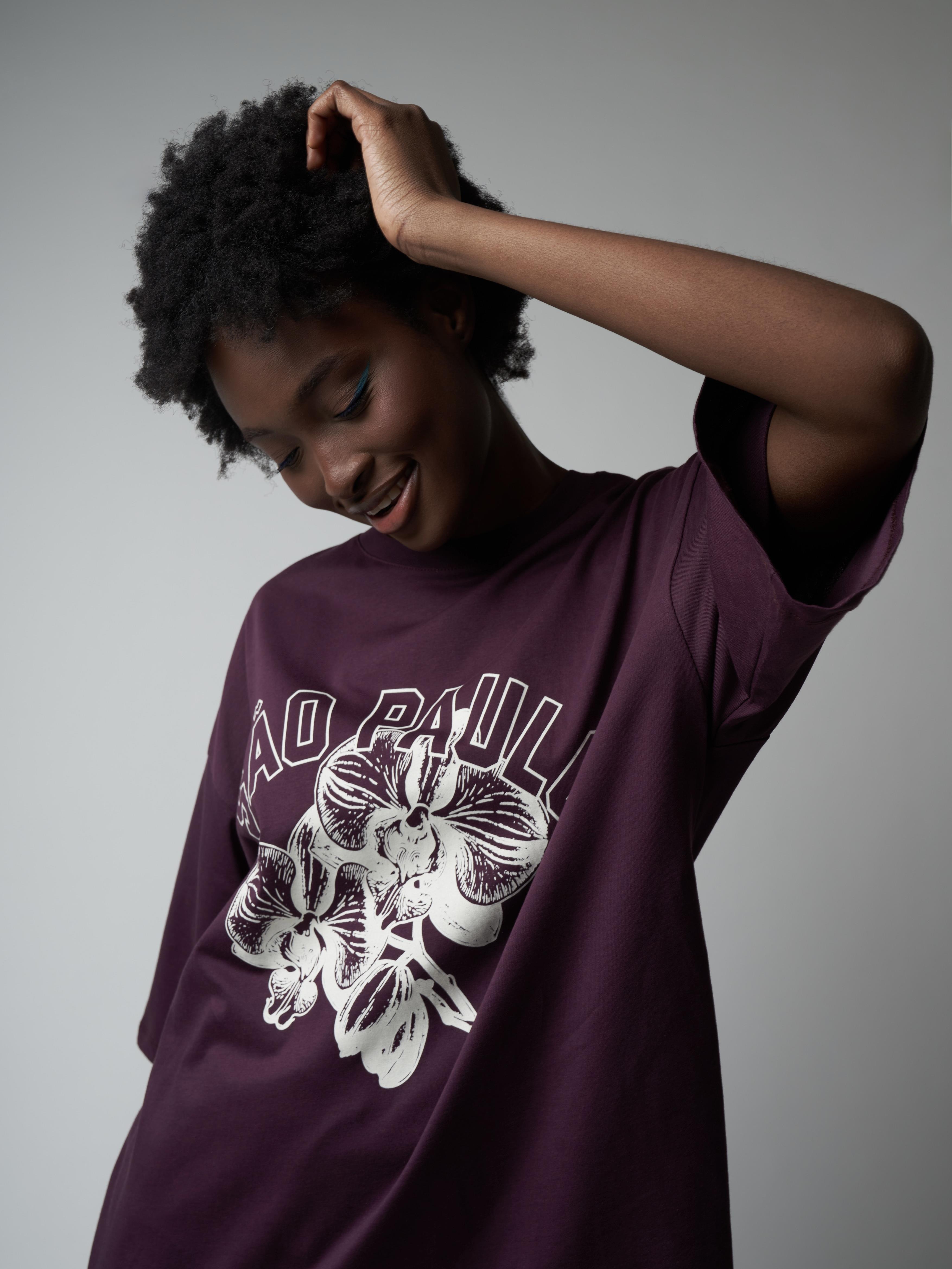 Baskılı Kısa Kol Oversize T-shirt Mürdüm