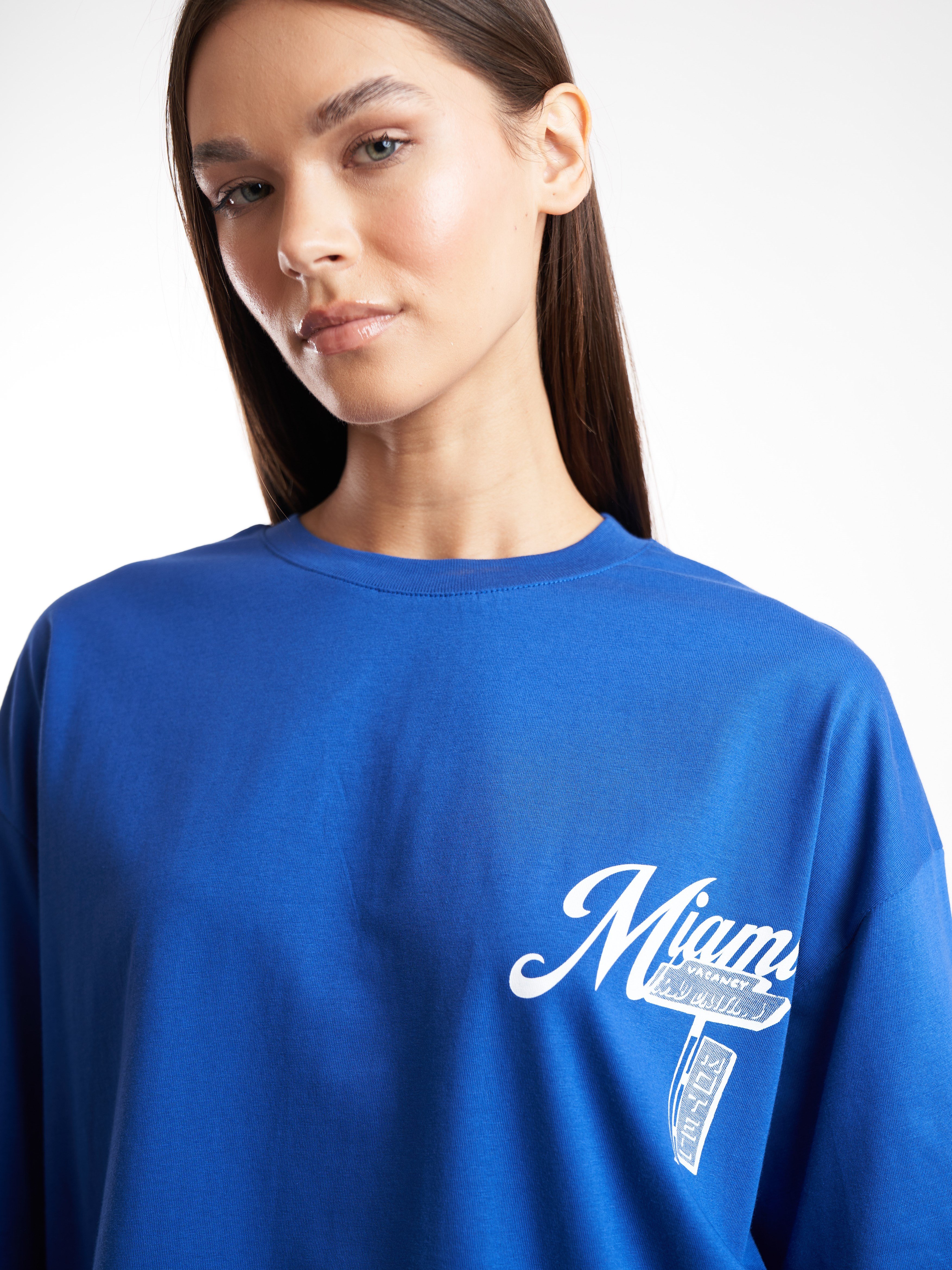 Baskılı Kısa Kol Oversize T-shirt Sax Mavi