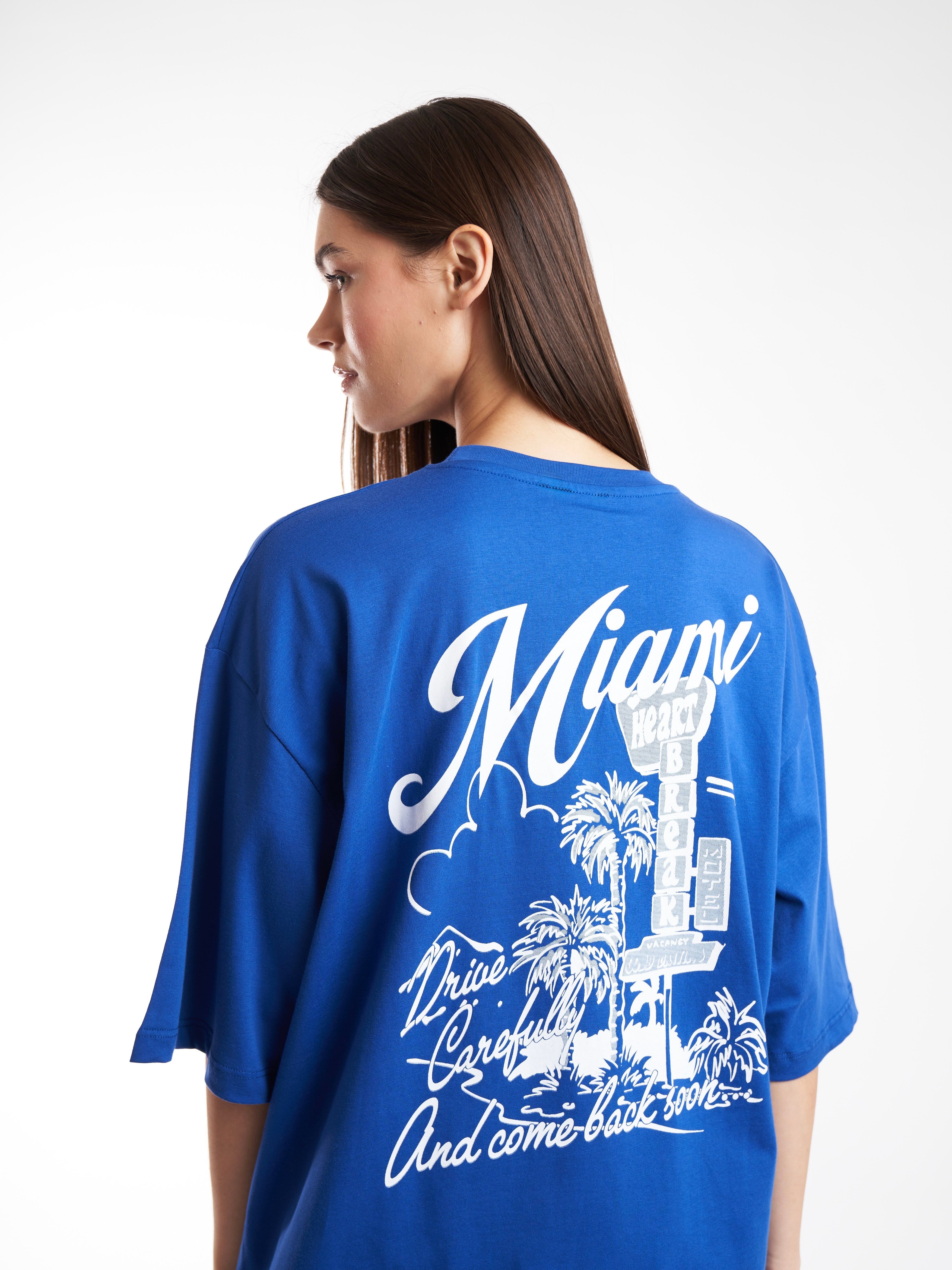 Baskılı Kısa Kol Oversize T-shirt Sax Mavi