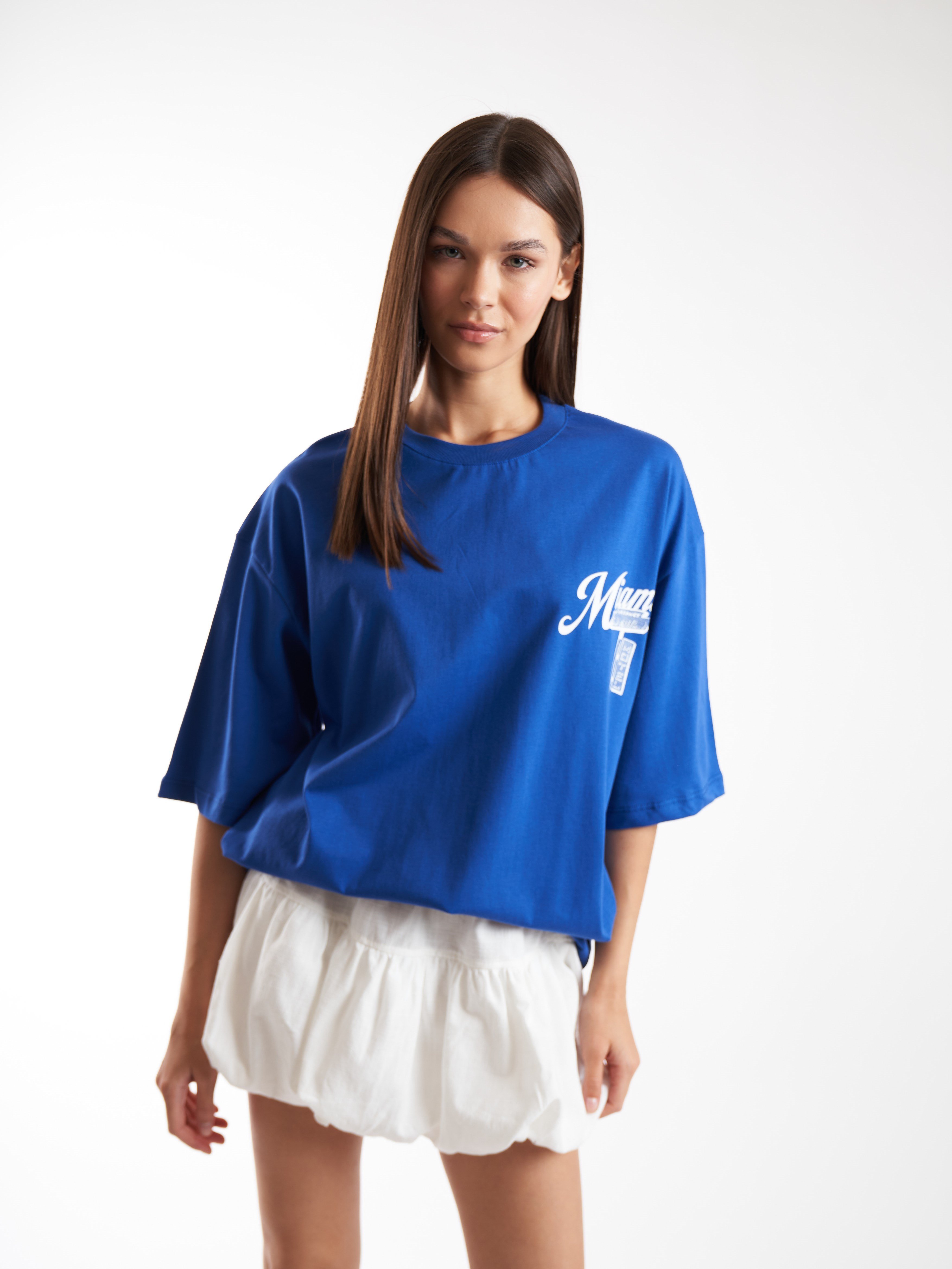 Baskılı Kısa Kol Oversize T-shirt Sax Mavi