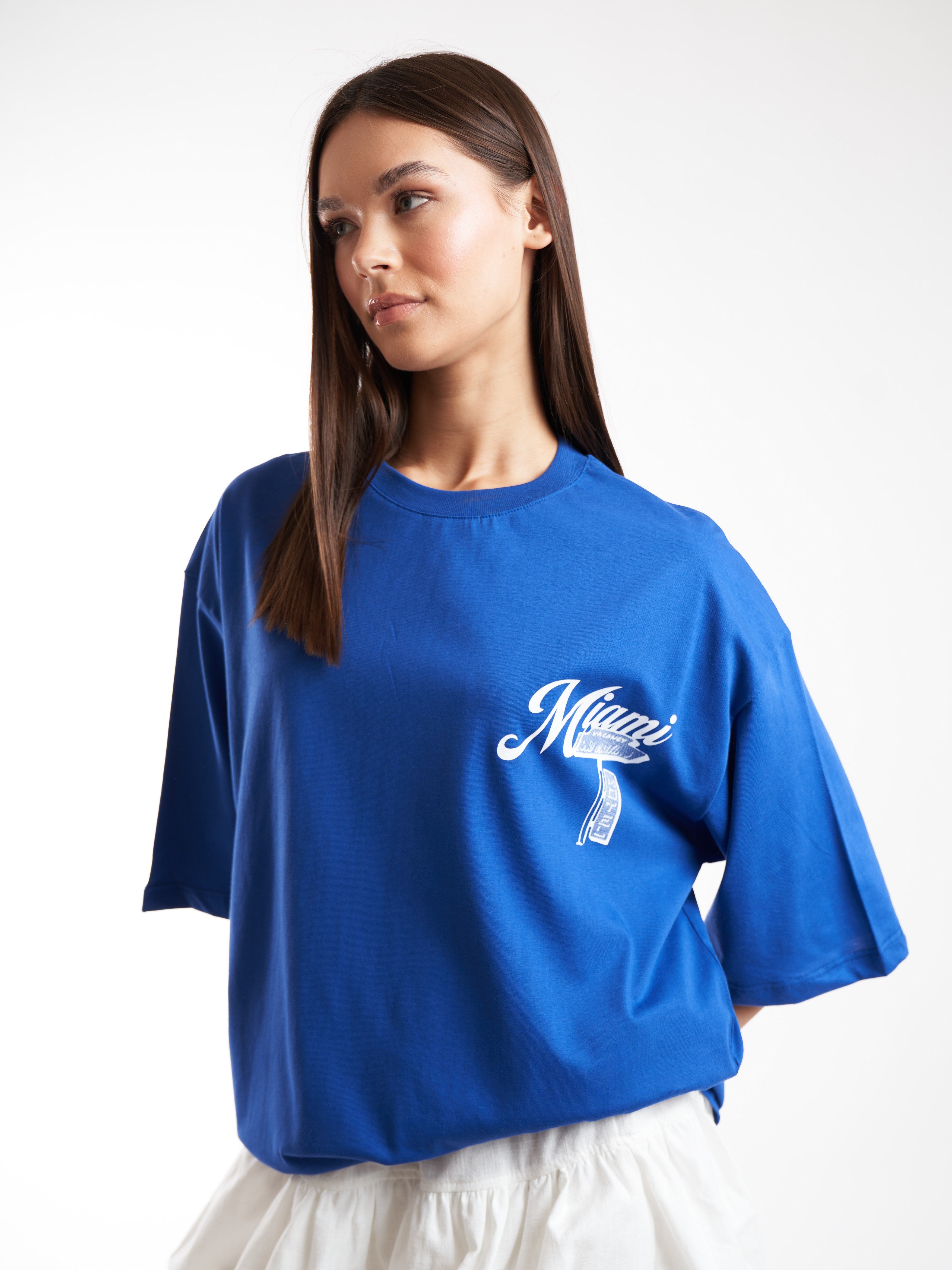 Baskılı Kısa Kol Oversize T-shirt Sax Mavi