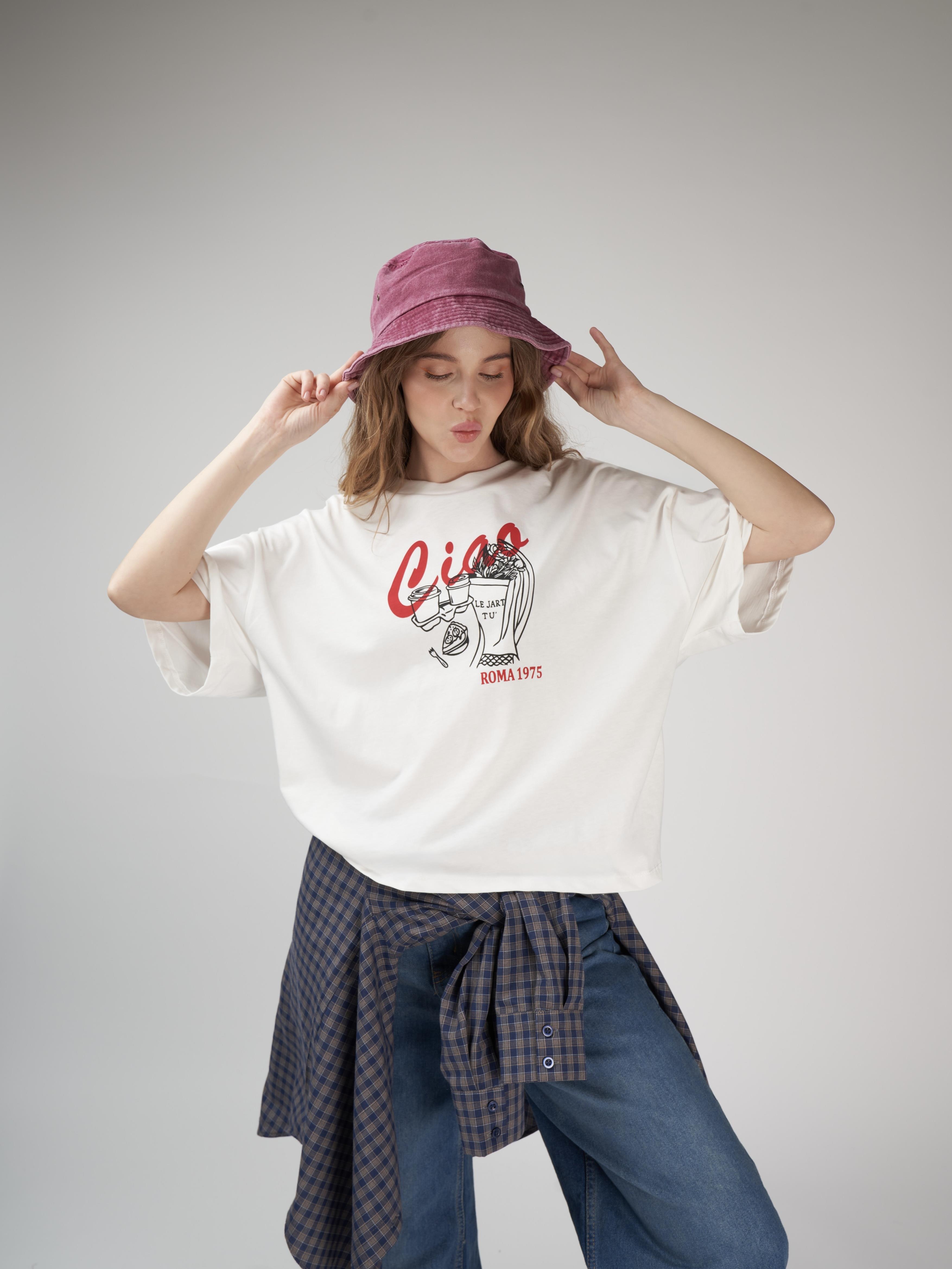 Baskılı Kısa Kol T-shirt Ekru
