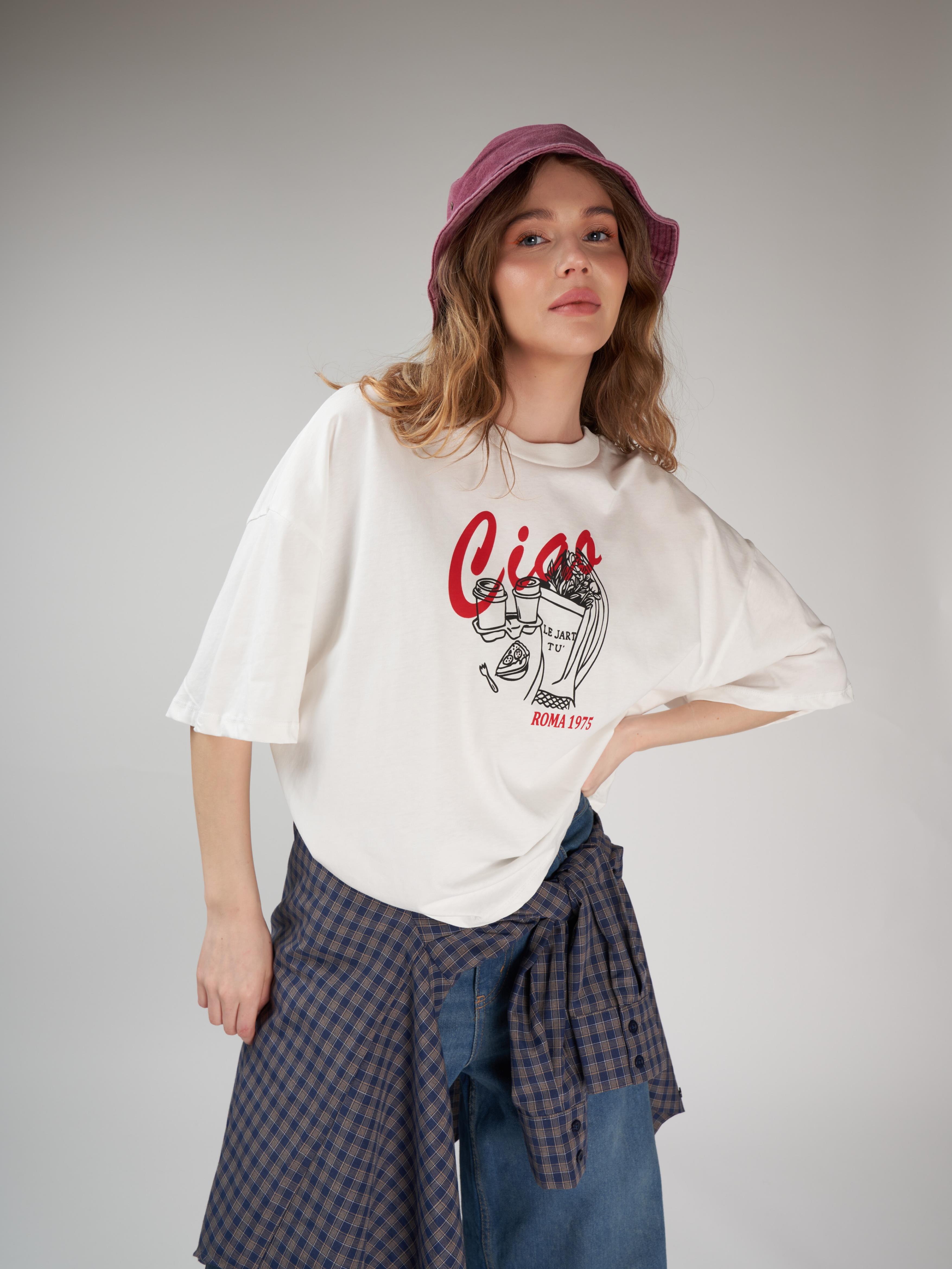 Baskılı Kısa Kol T-shirt Ekru