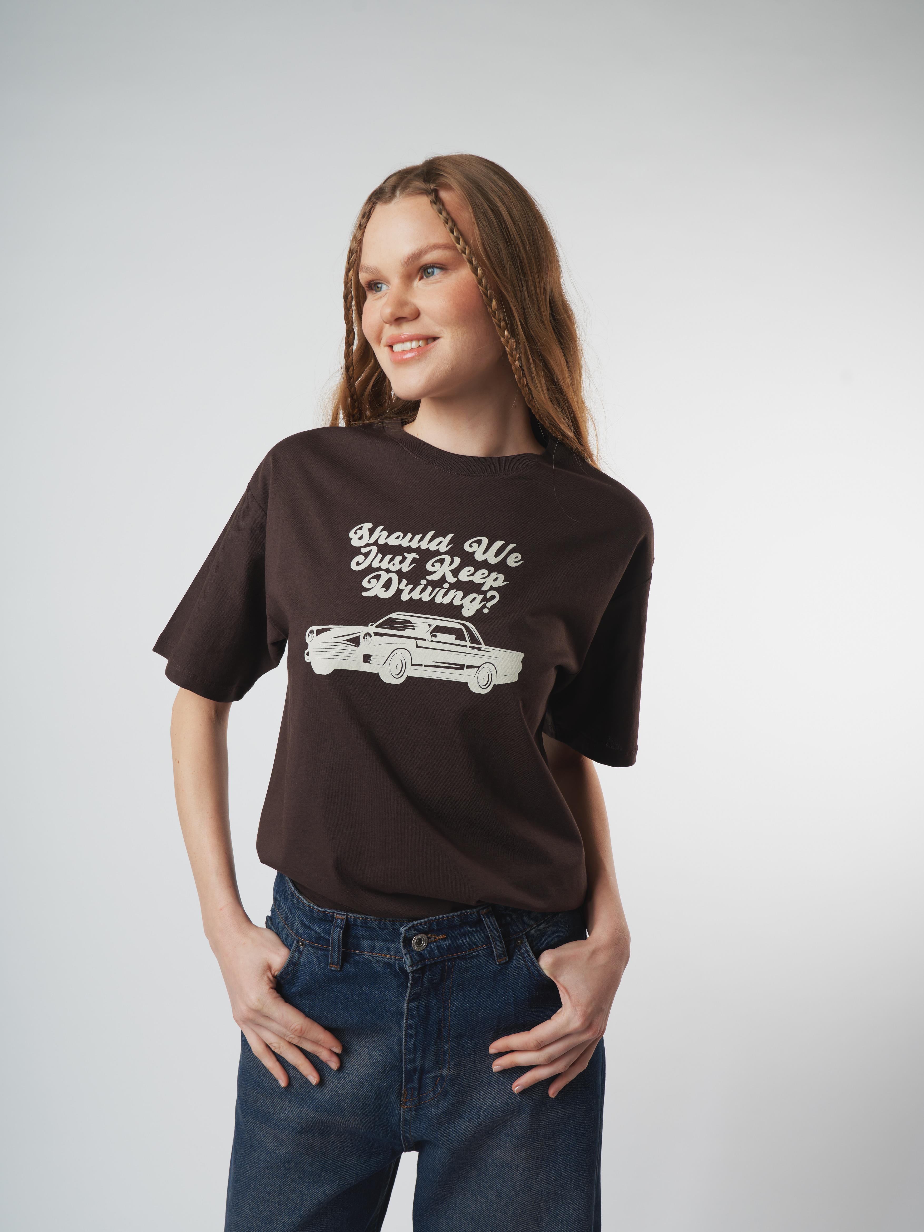 Baskılı Kısa Kol T-shirt Kahve