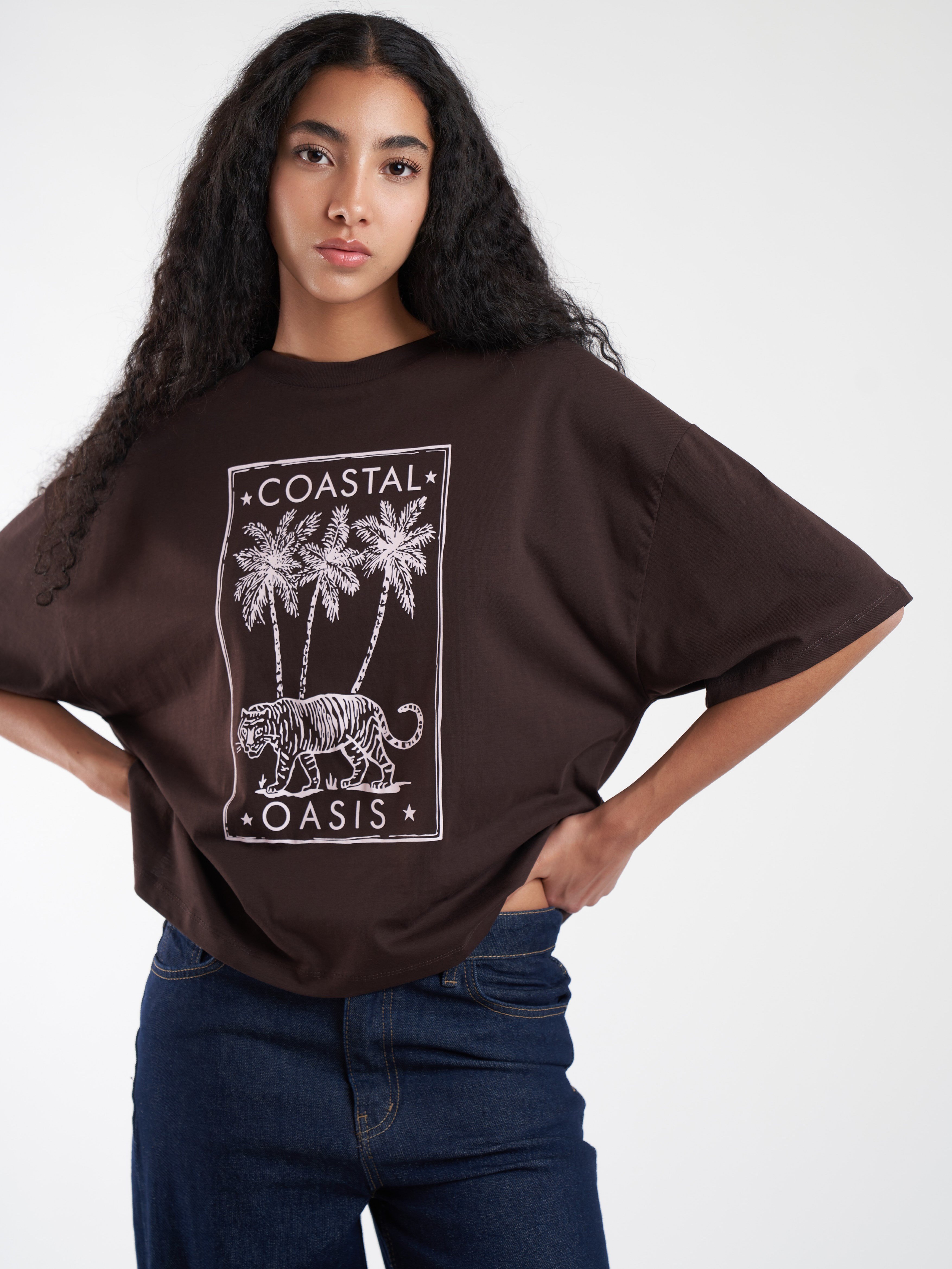 Baskılı Kısa Kol T-shirt Kahve