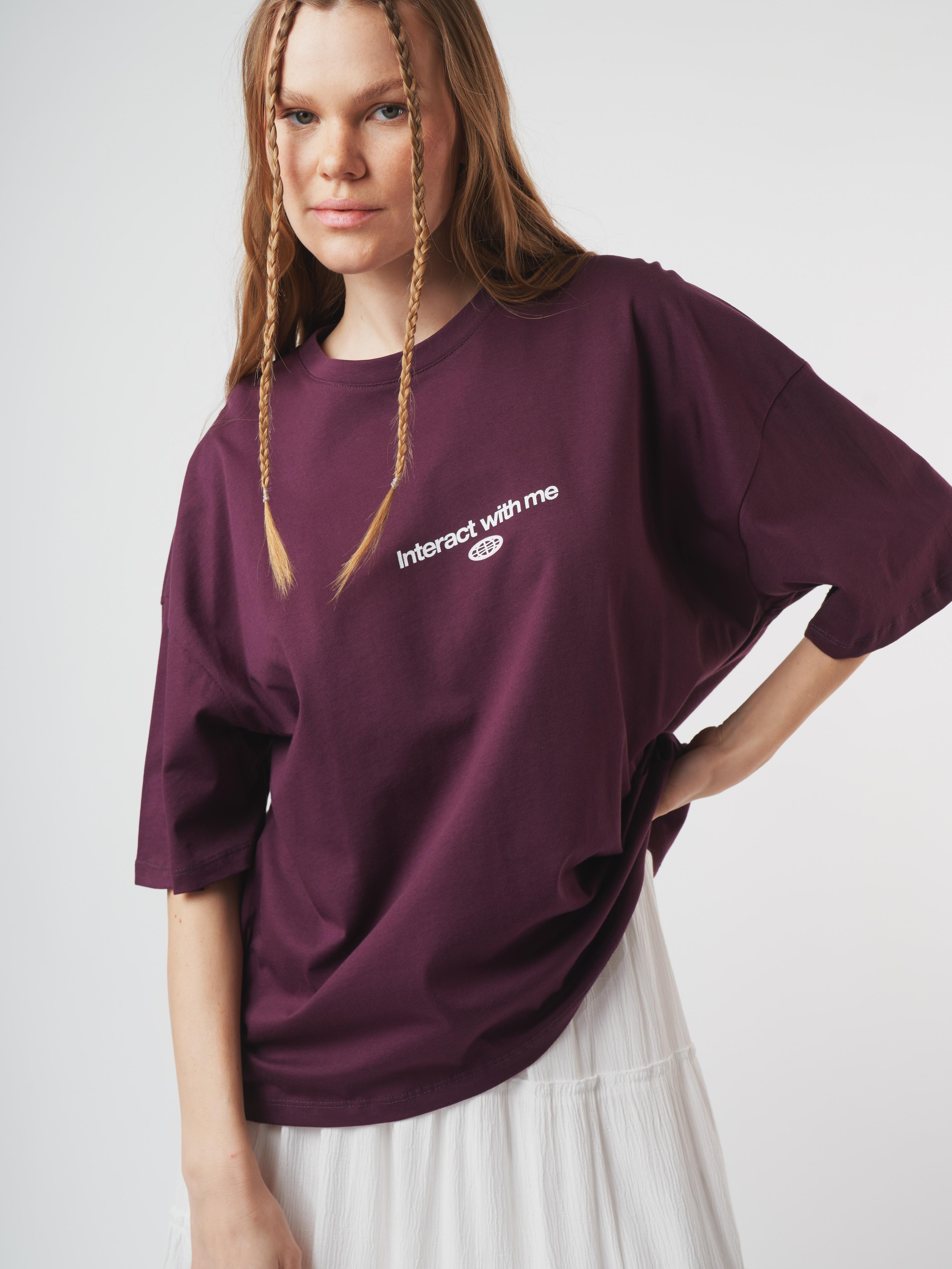 Baskılı Kısa Kol Oversize T-shirt Mürdüm