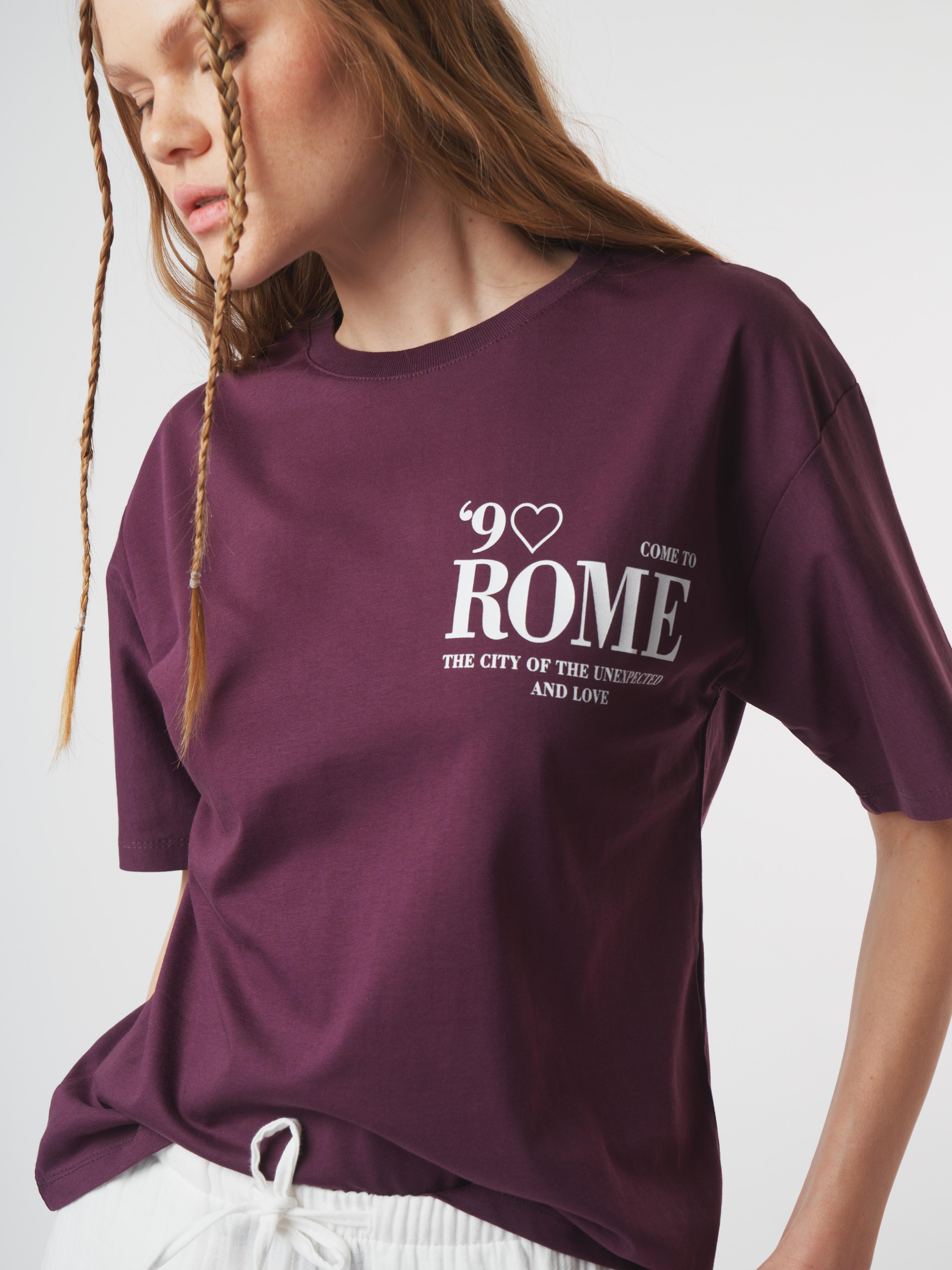 Baskılı Kısa Kol T-shirt Mürdüm