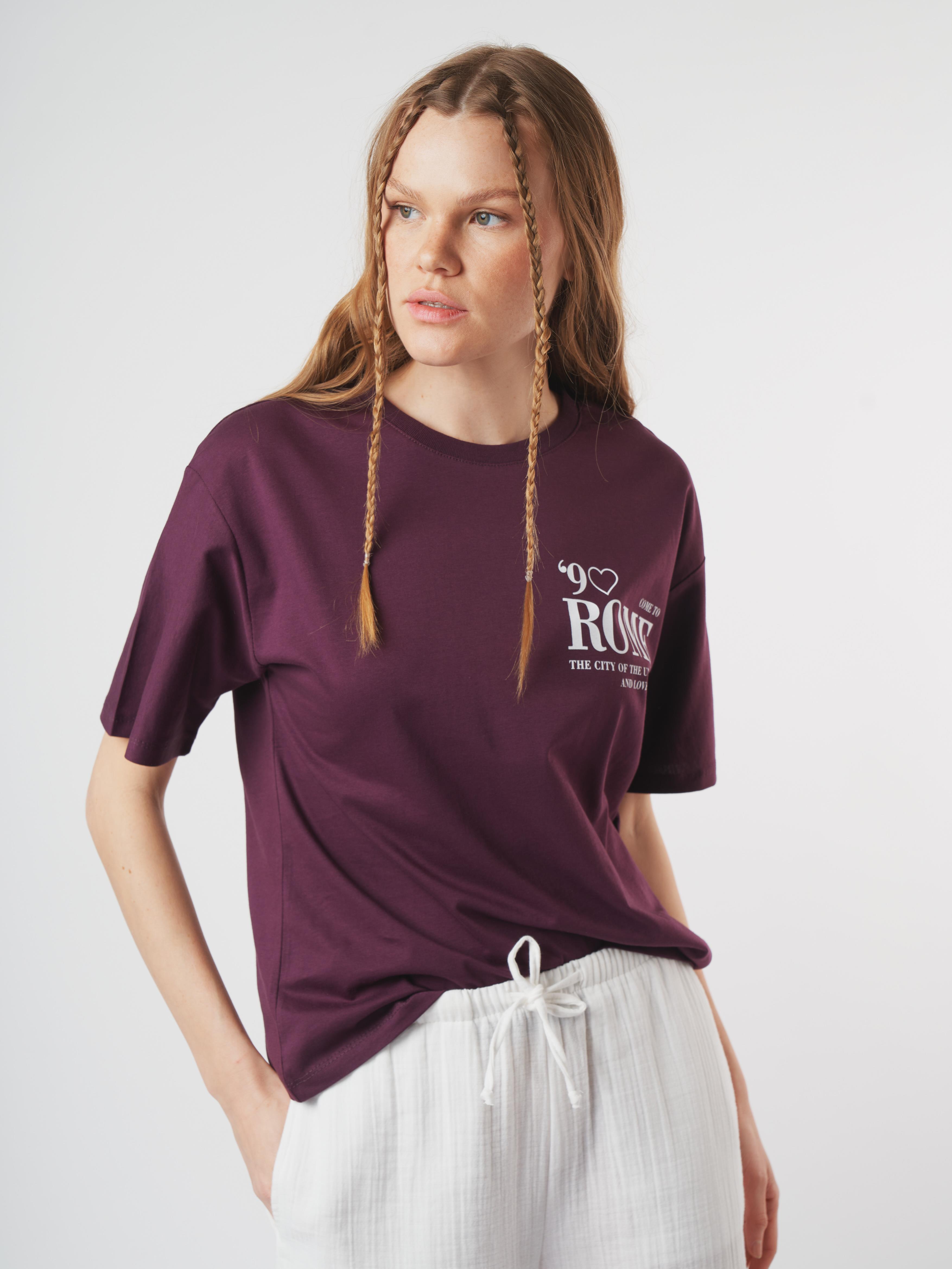 Baskılı Kısa Kol T-shirt Mürdüm