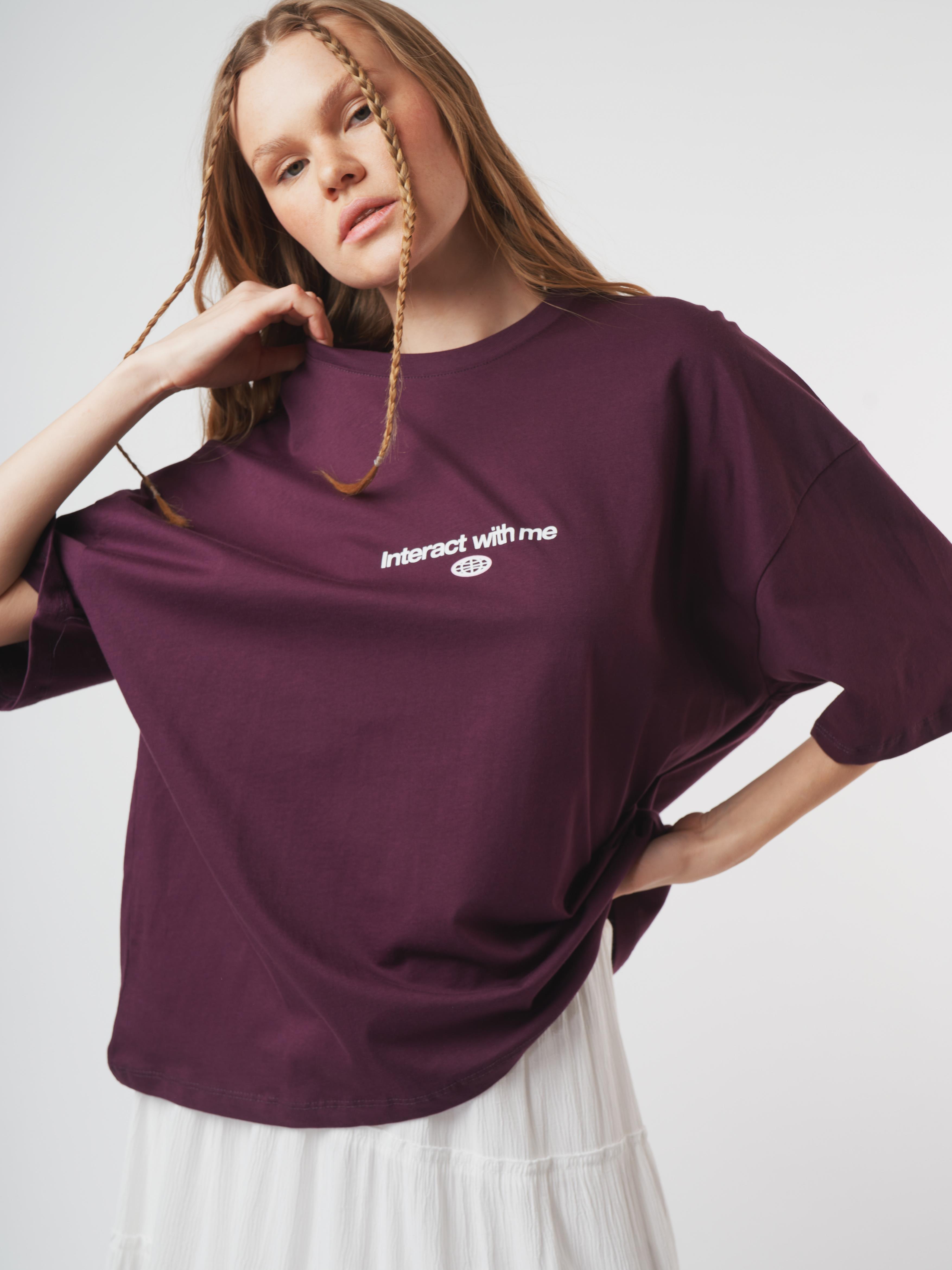 Baskılı Kısa Kol Oversize T-shirt Mürdüm