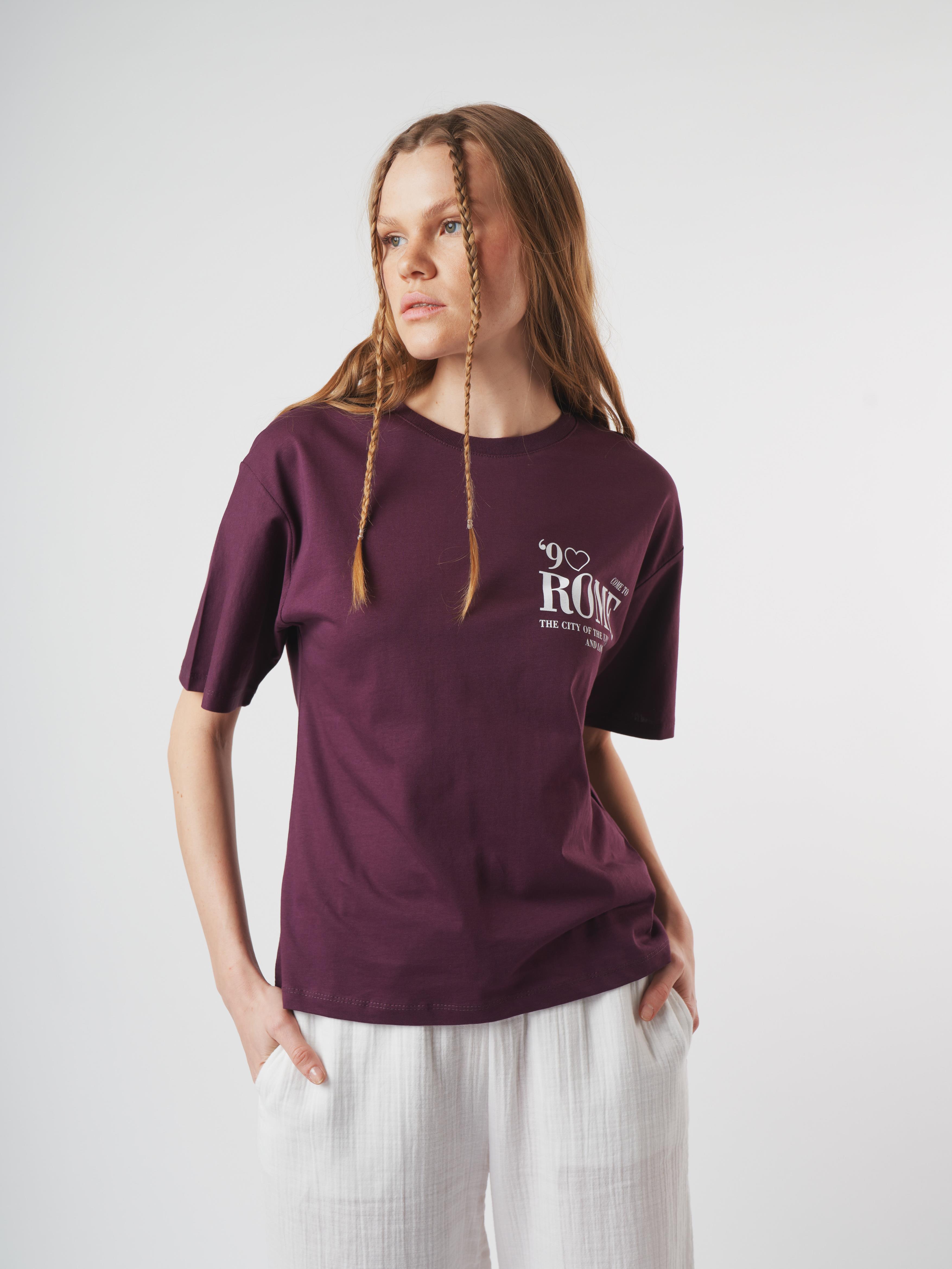 Baskılı Kısa Kol T-shirt Mürdüm