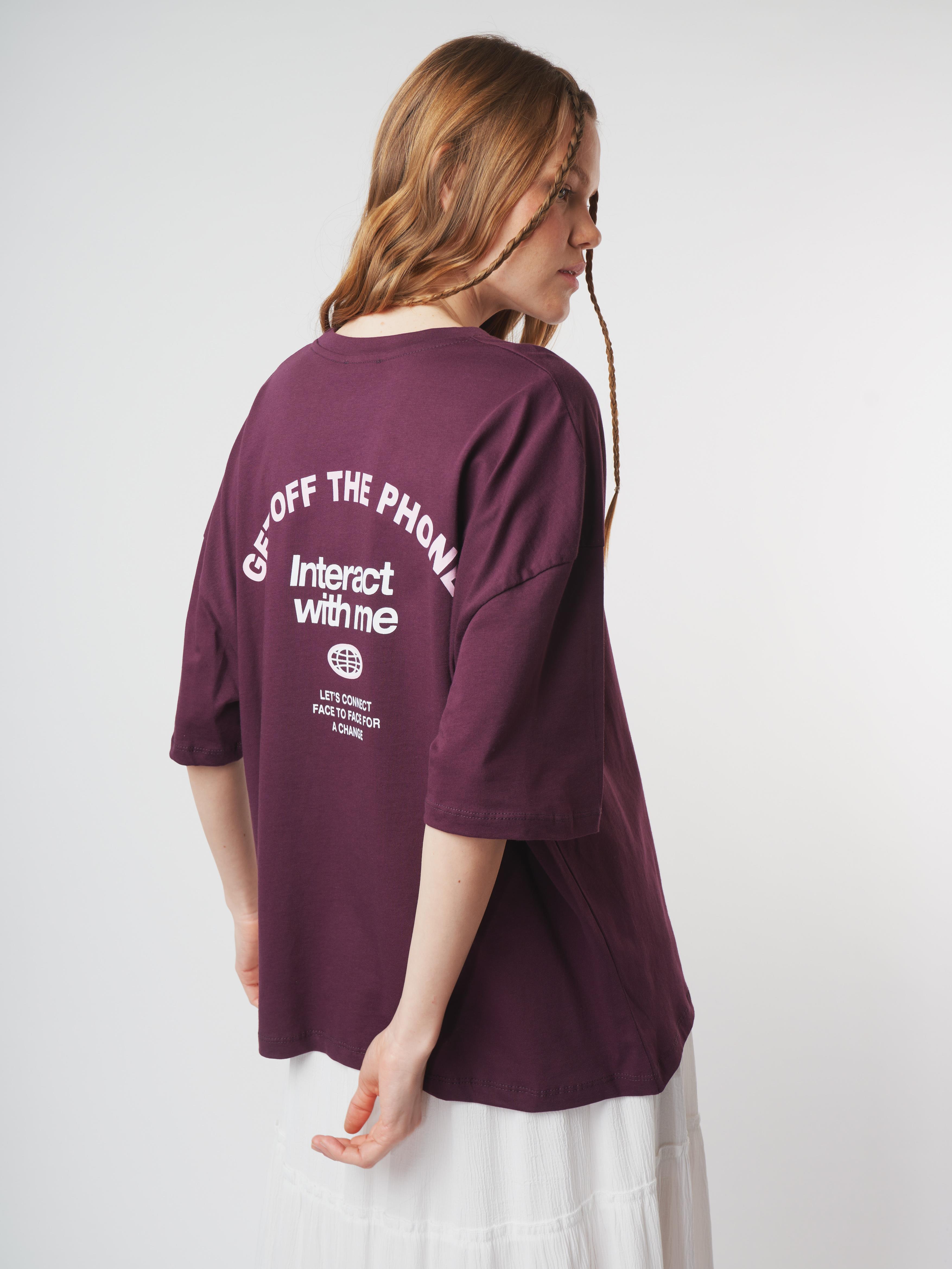 Baskılı Kısa Kol Oversize T-shirt Mürdüm
