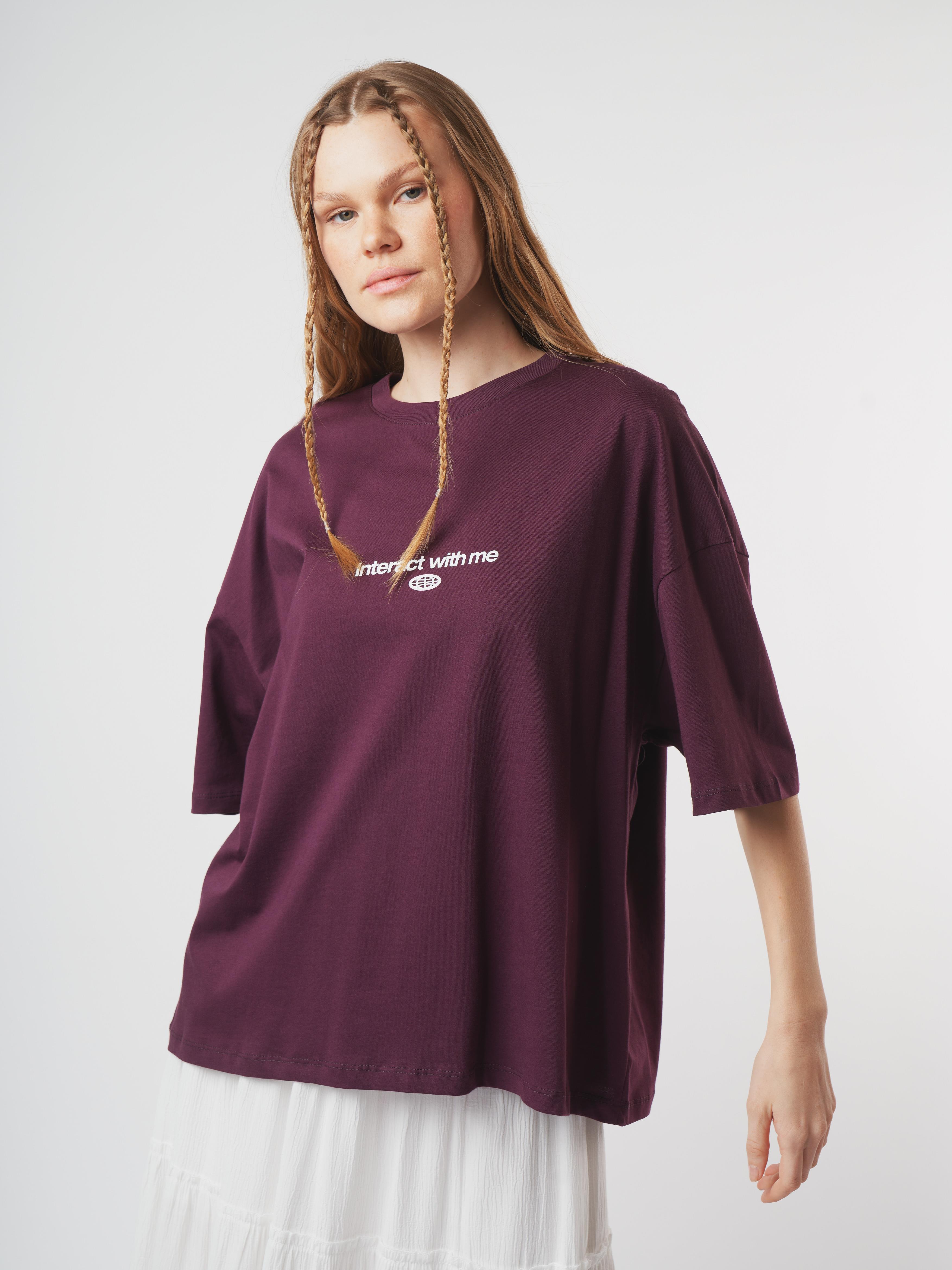 Baskılı Kısa Kol Oversize T-shirt Mürdüm