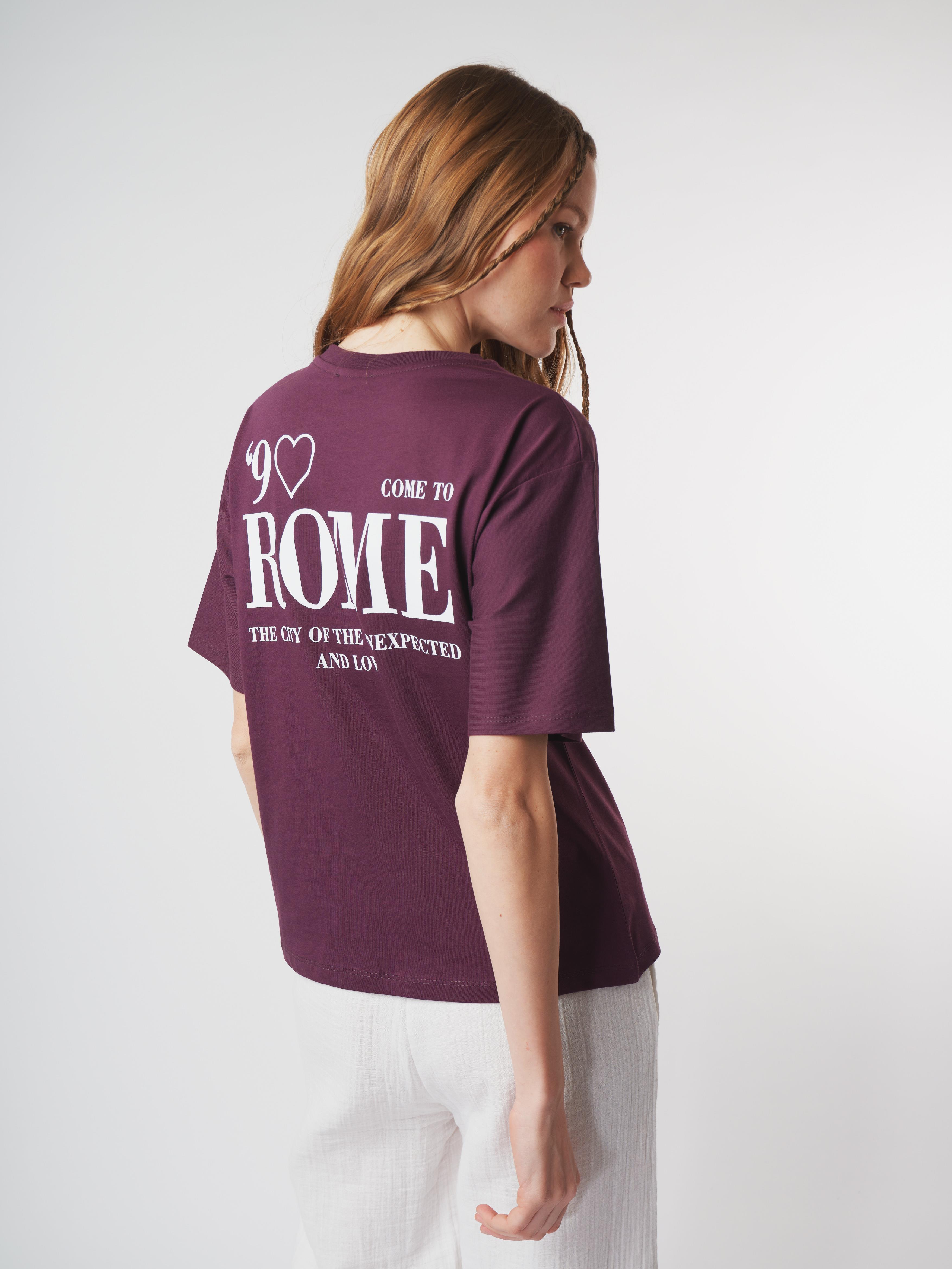 Baskılı Kısa Kol T-shirt Mürdüm