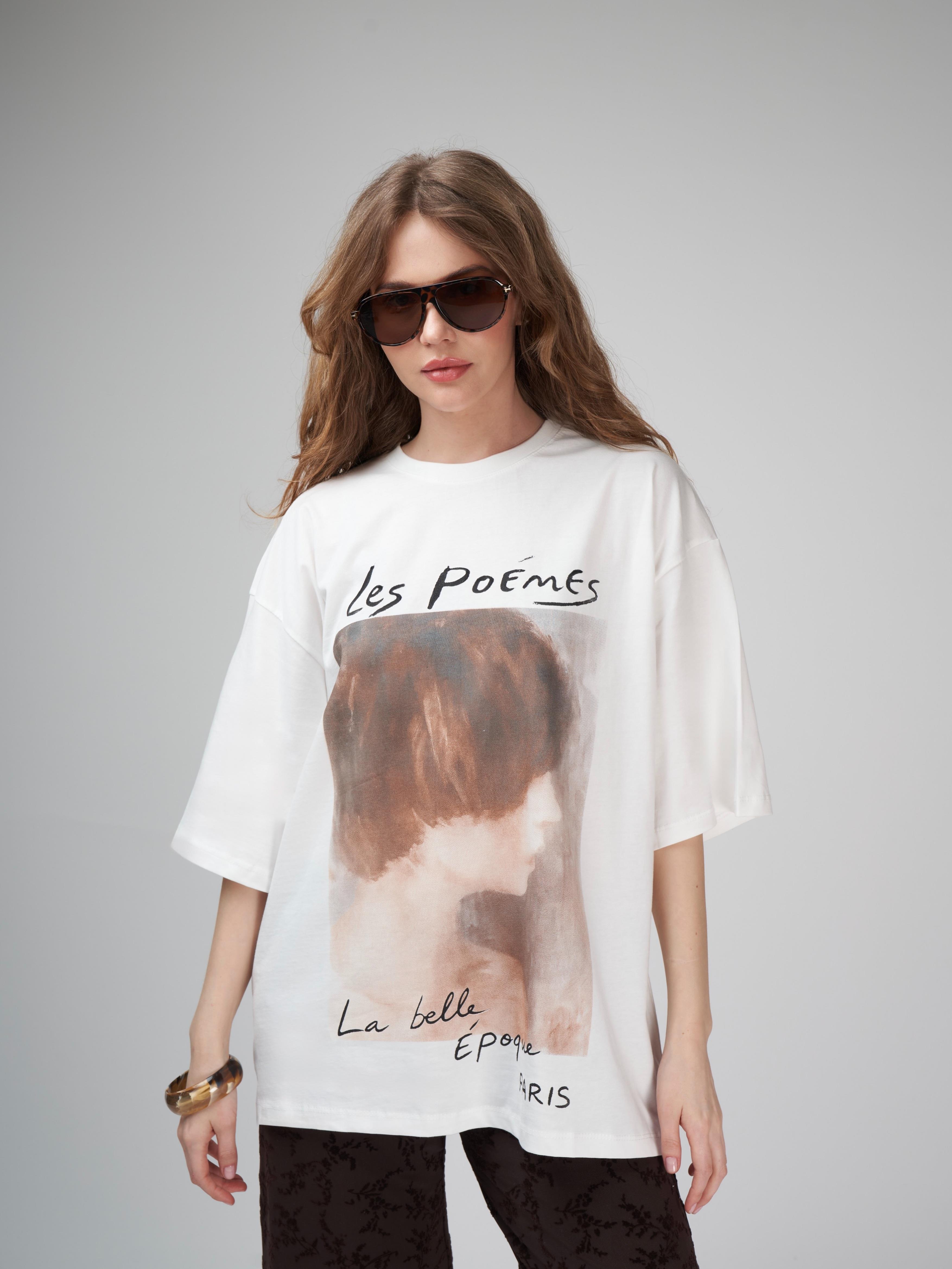 Baskılı Oversize Kısa Kol T-shirt Ekru