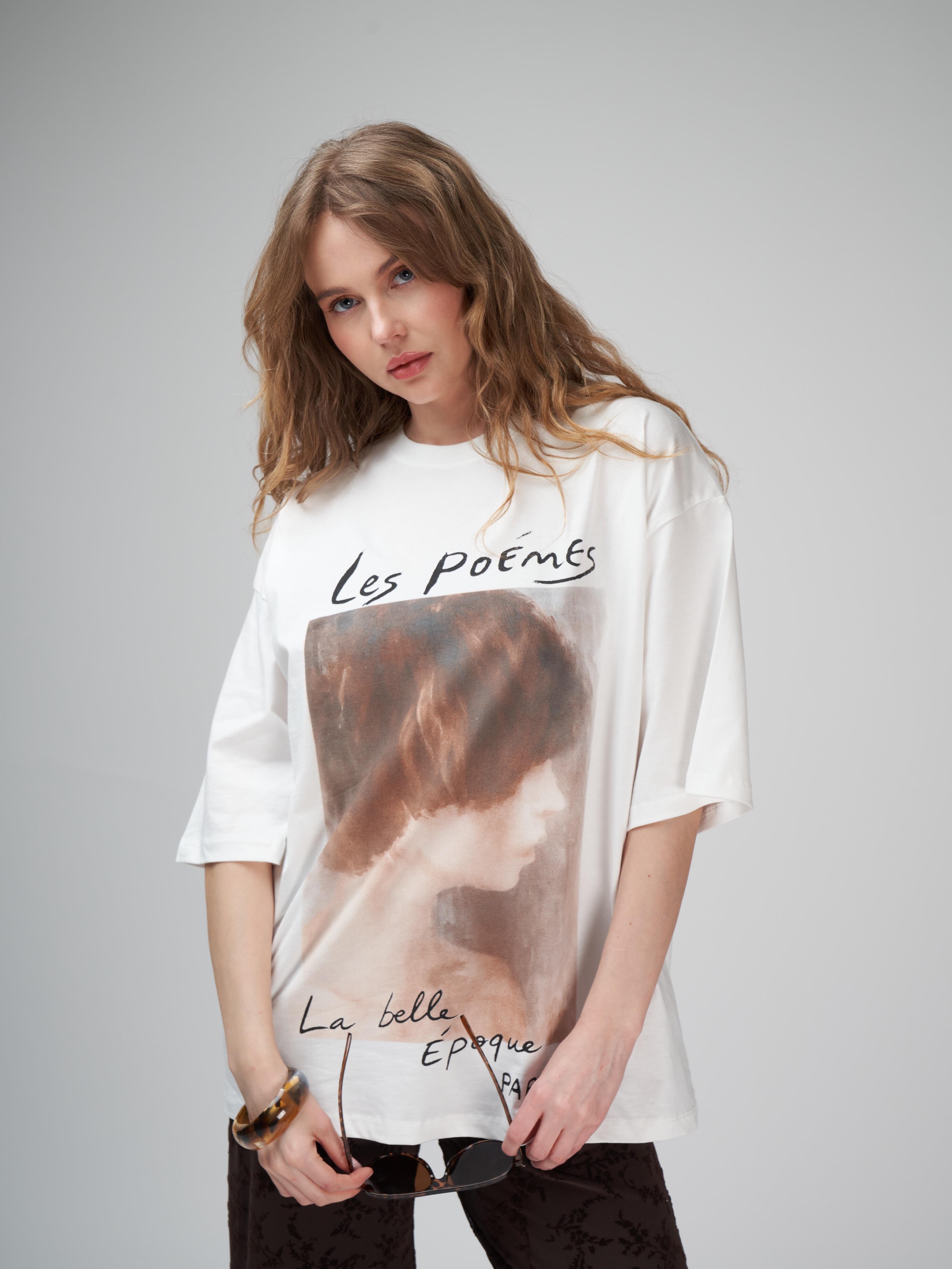 Baskılı Oversize Kısa Kol T-shirt Ekru