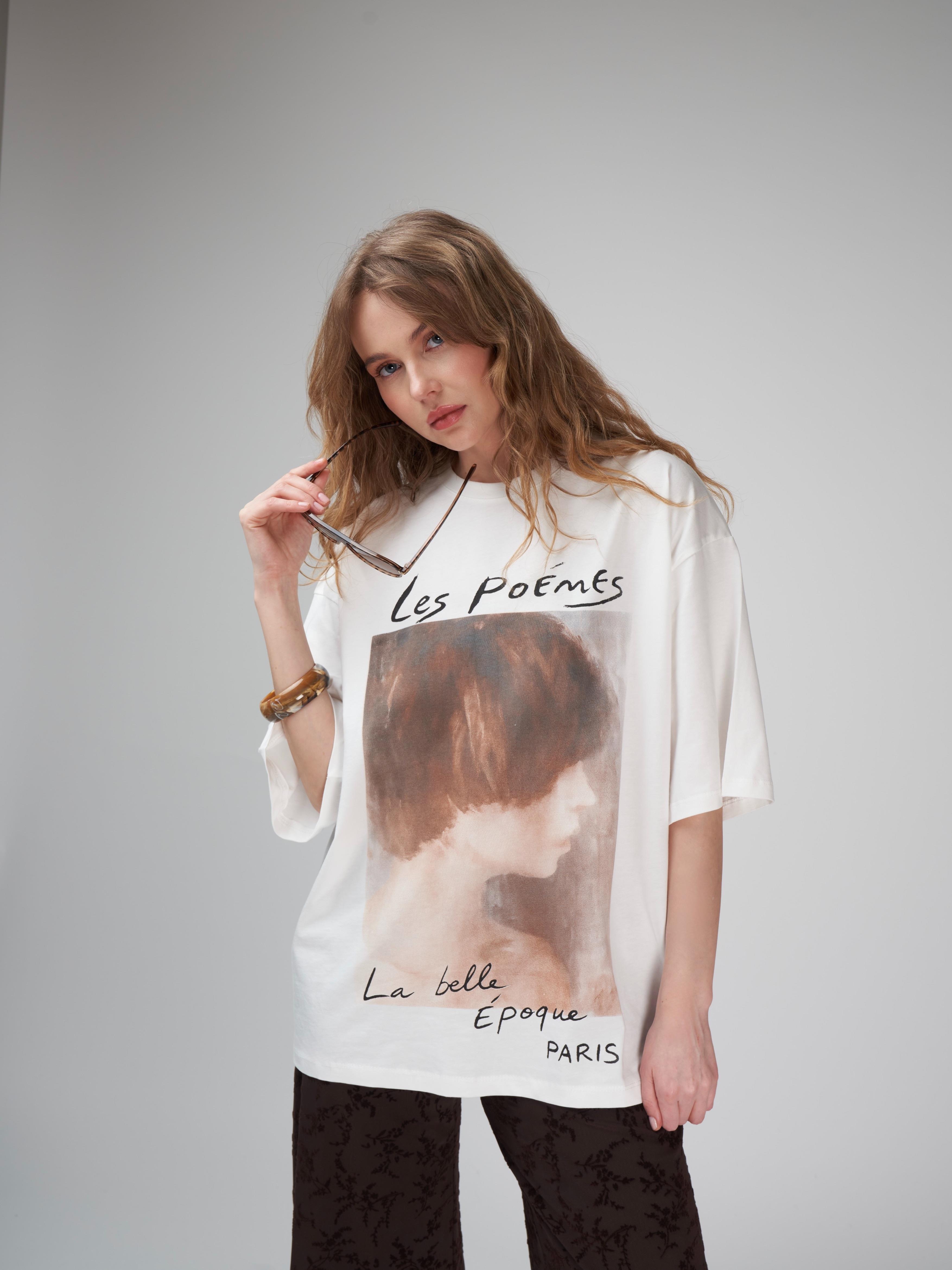 Baskılı Oversize Kısa Kol T-shirt Ekru