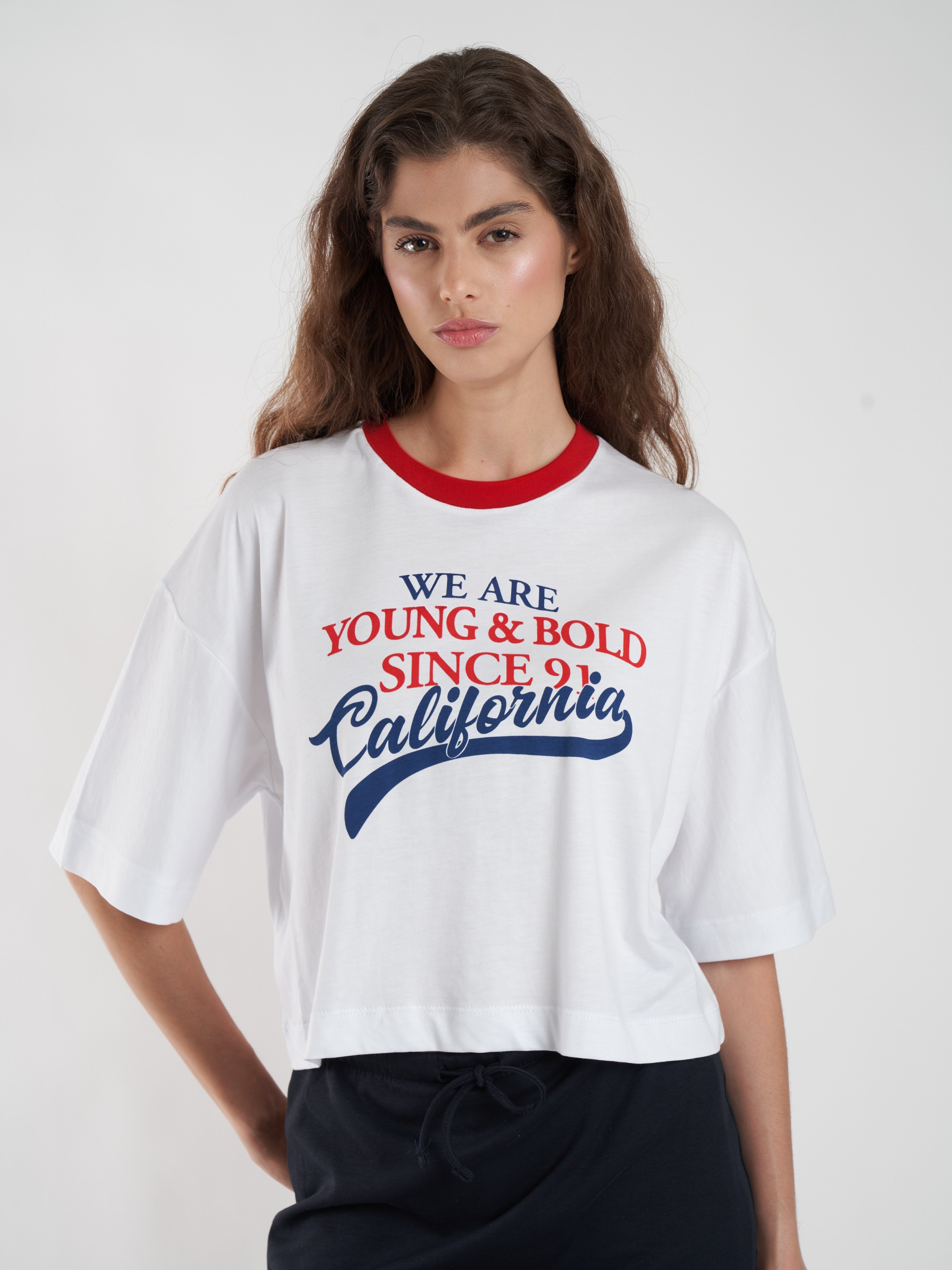 Baskılı Ribana Kısa Kol T-shirt Beyaz