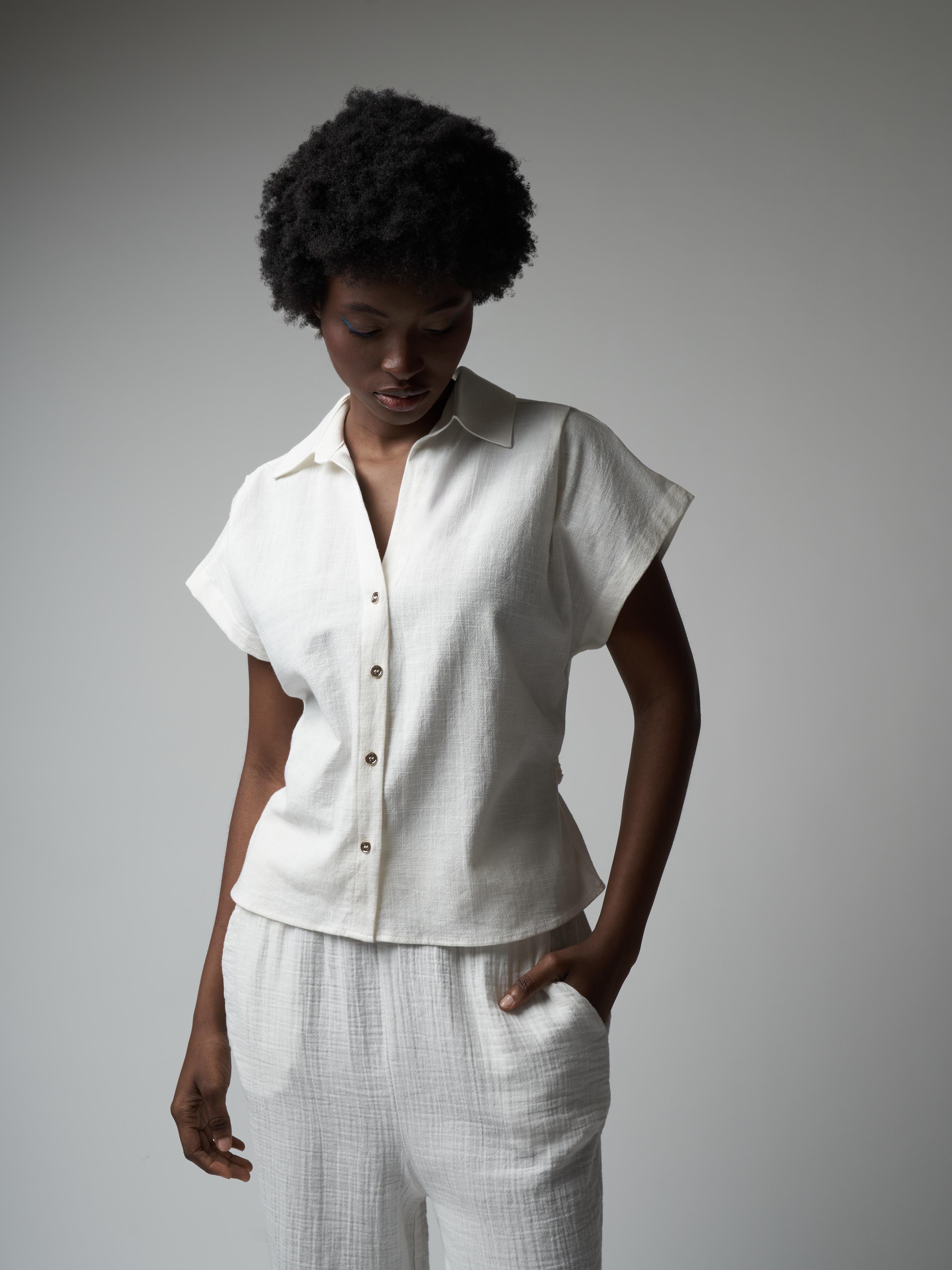 Bel Bağlamalı Kısa Kol Gömlek Ekru