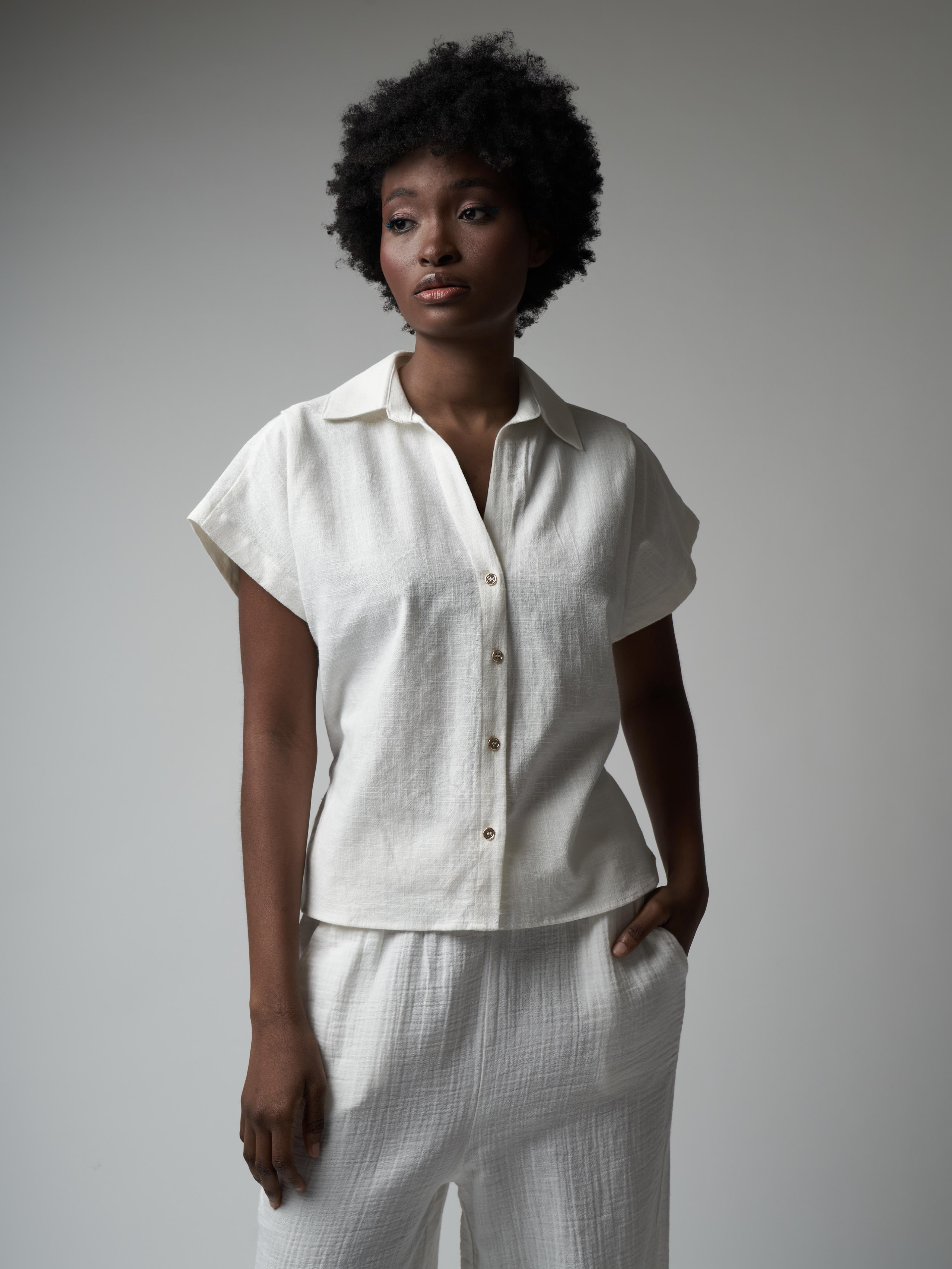 Bel Bağlamalı Kısa Kol Gömlek Ekru