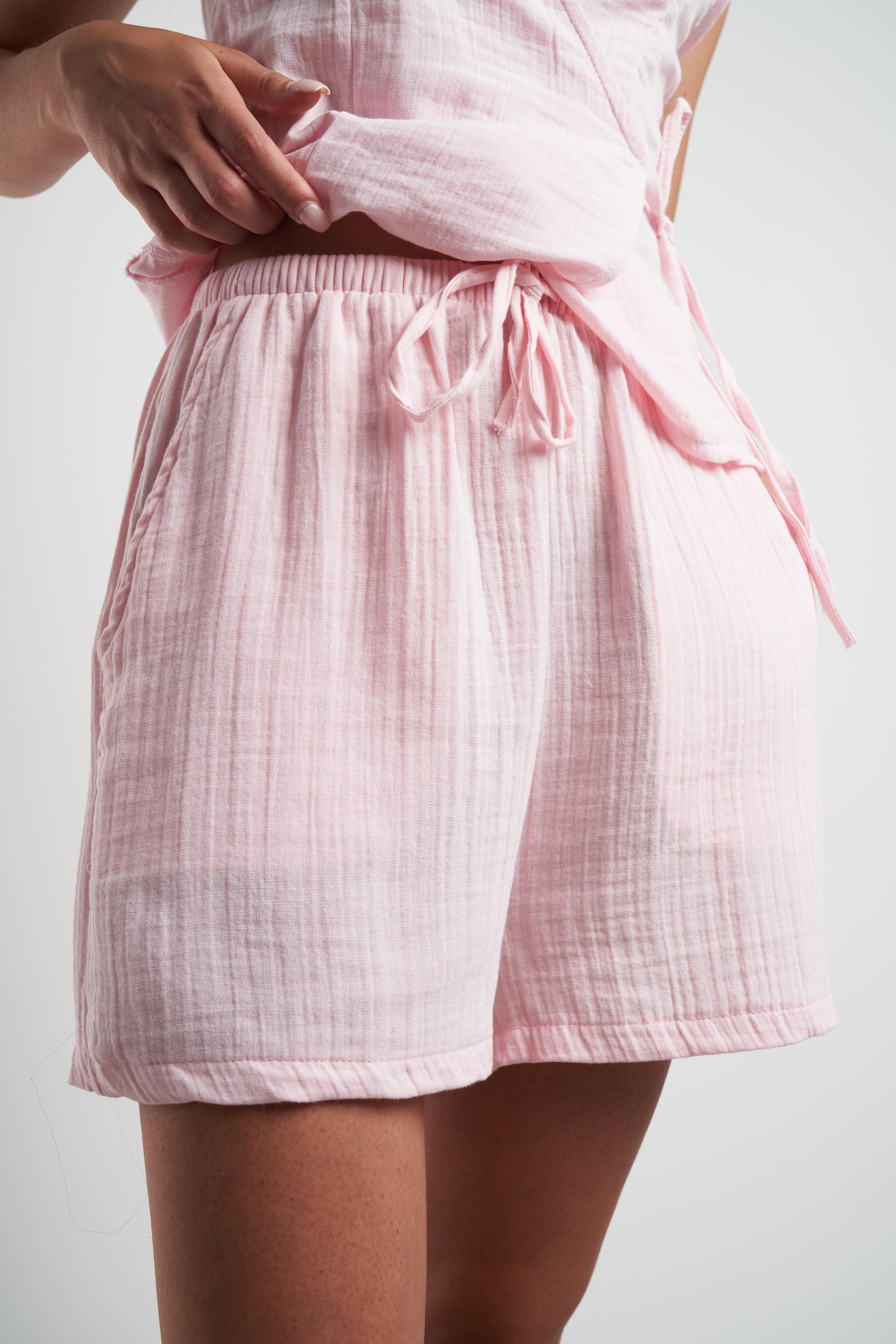 Bel Lastik Bağlamalı Müslin Şort Pembe