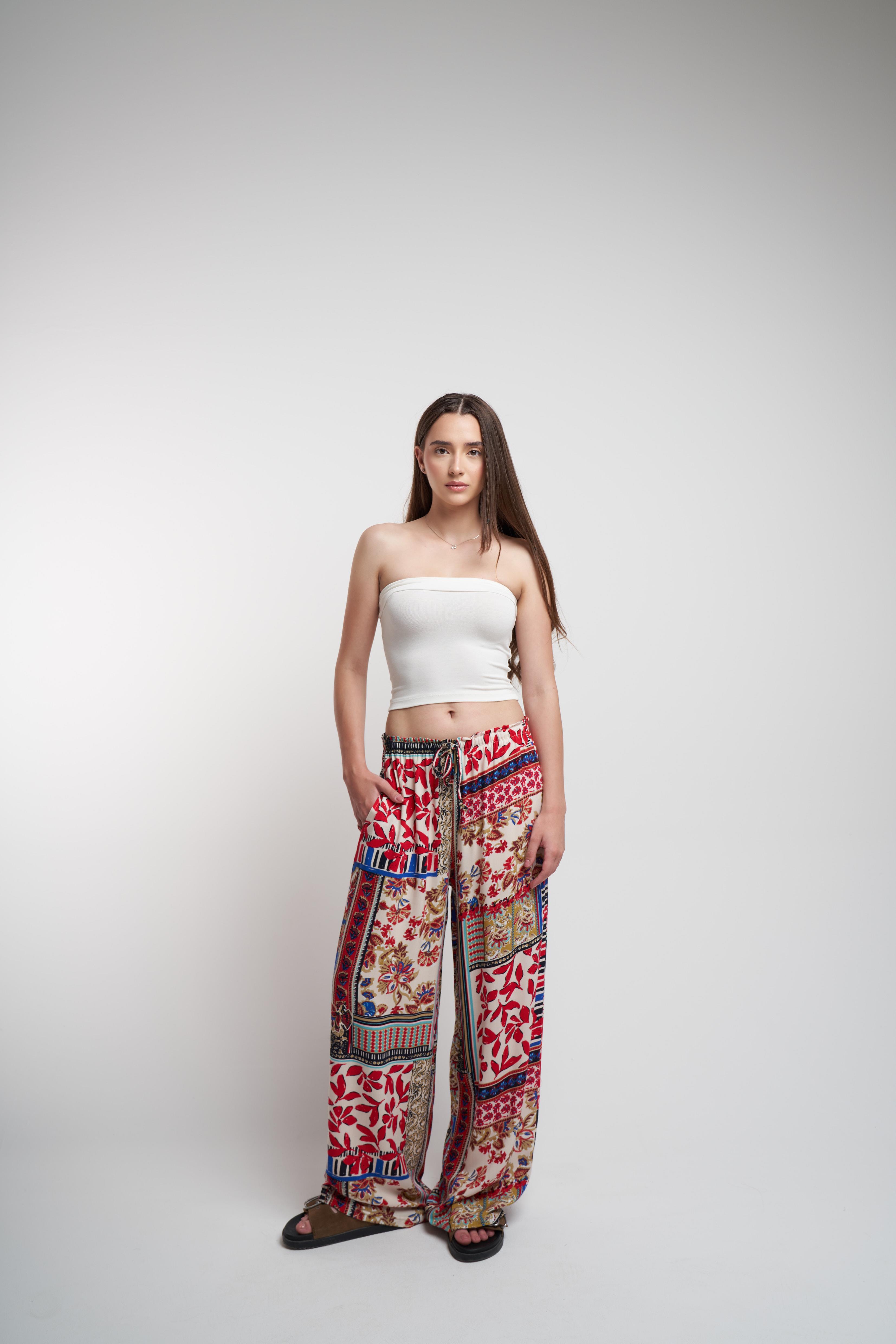 Bel Lastik Desenli Bol Paça Pantolon Kırmızı-Bej