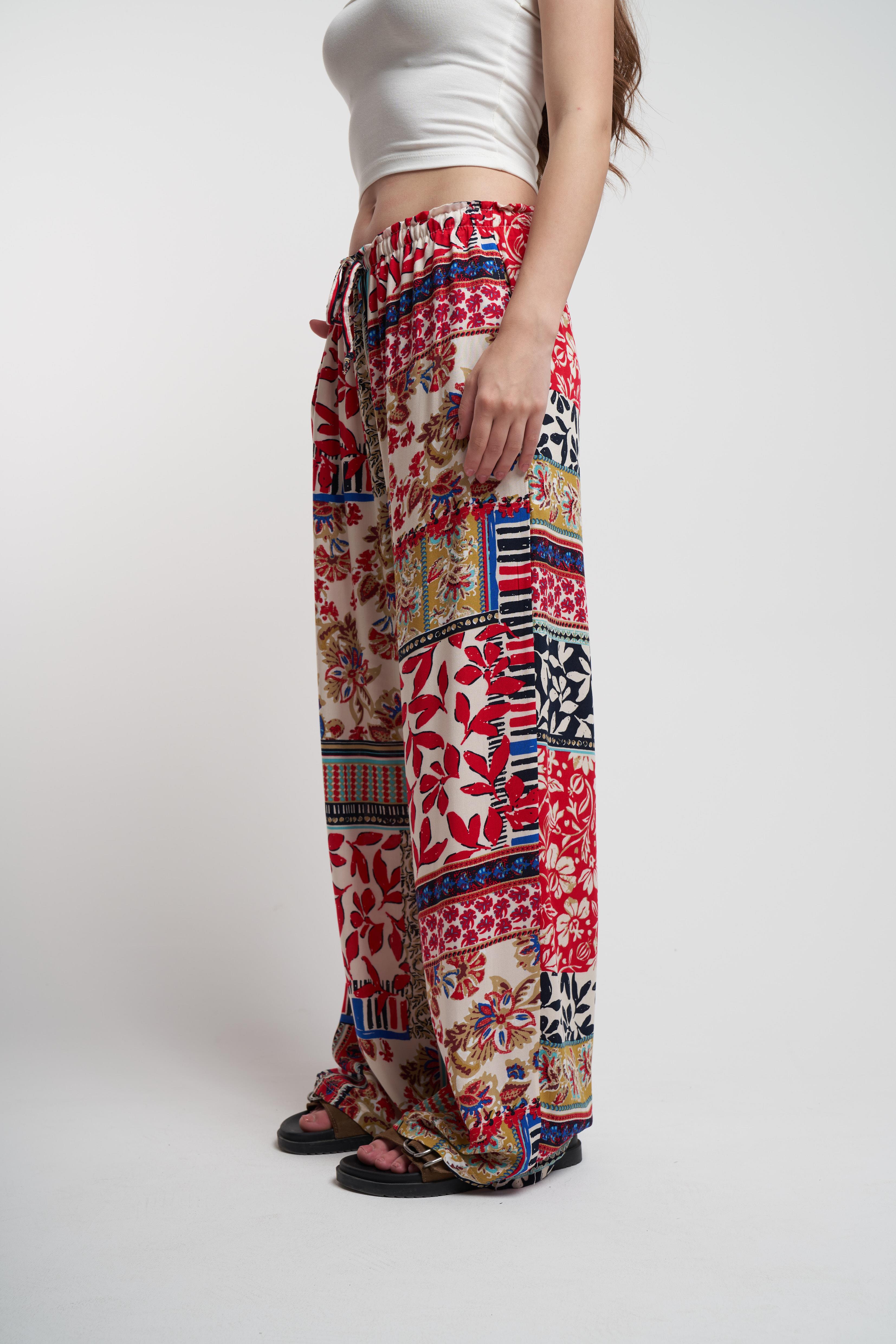 Bel Lastik Desenli Bol Paça Pantolon Kırmızı-Bej