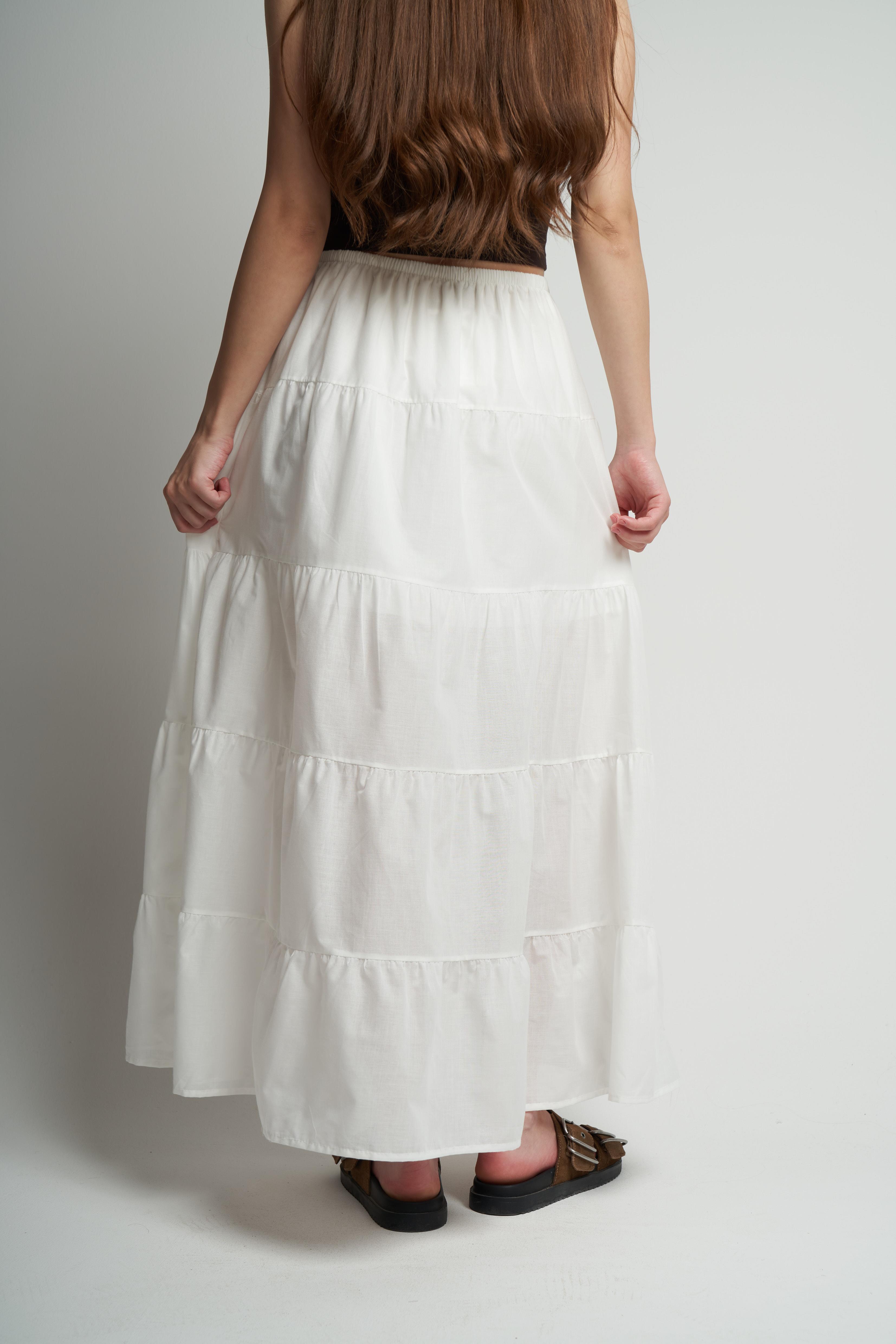 Bel Lastik İç Astarlı Uzun Etek Ekru