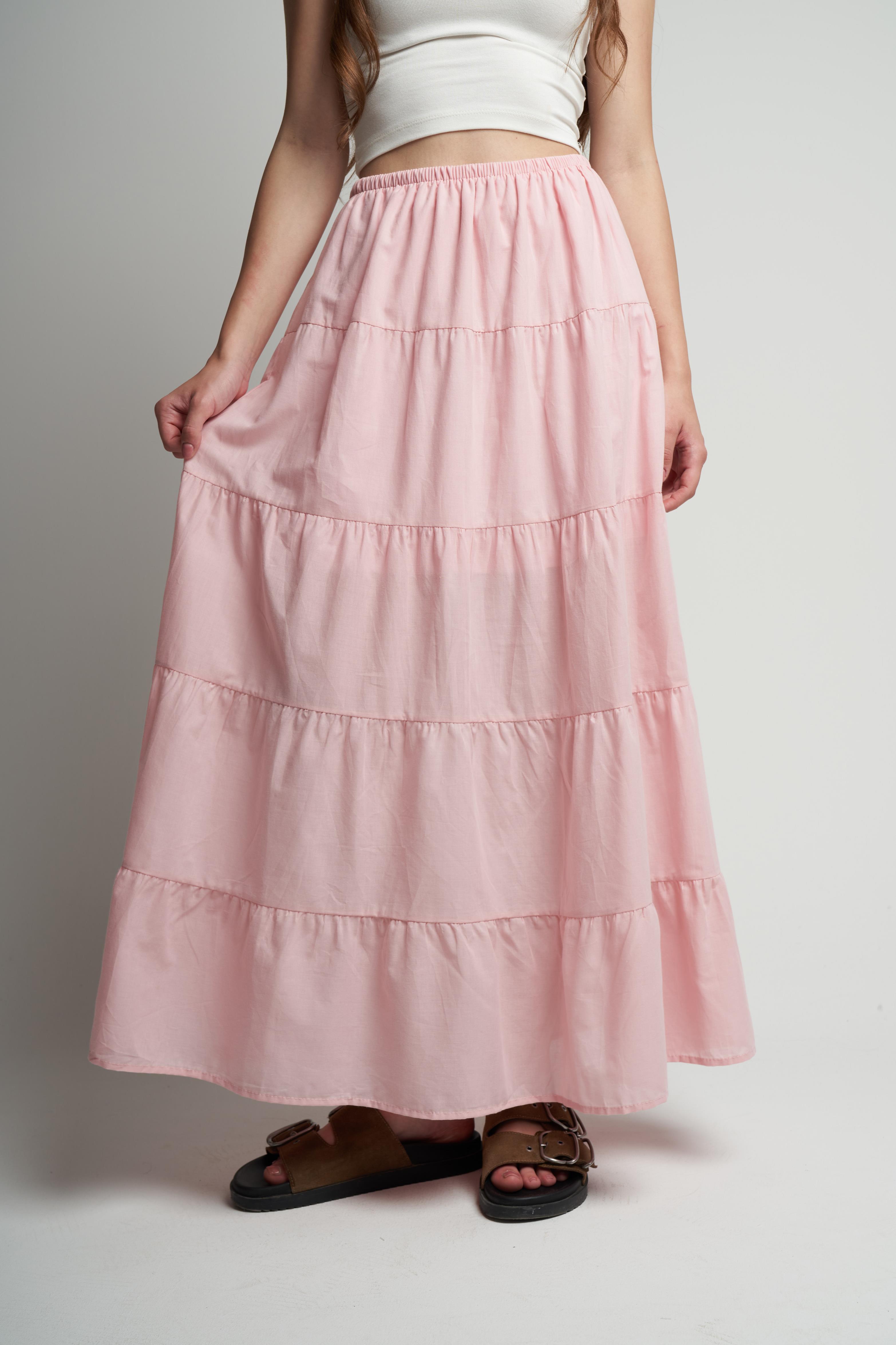 Bel Lastik İç Astarlı Uzun Etek Pudra