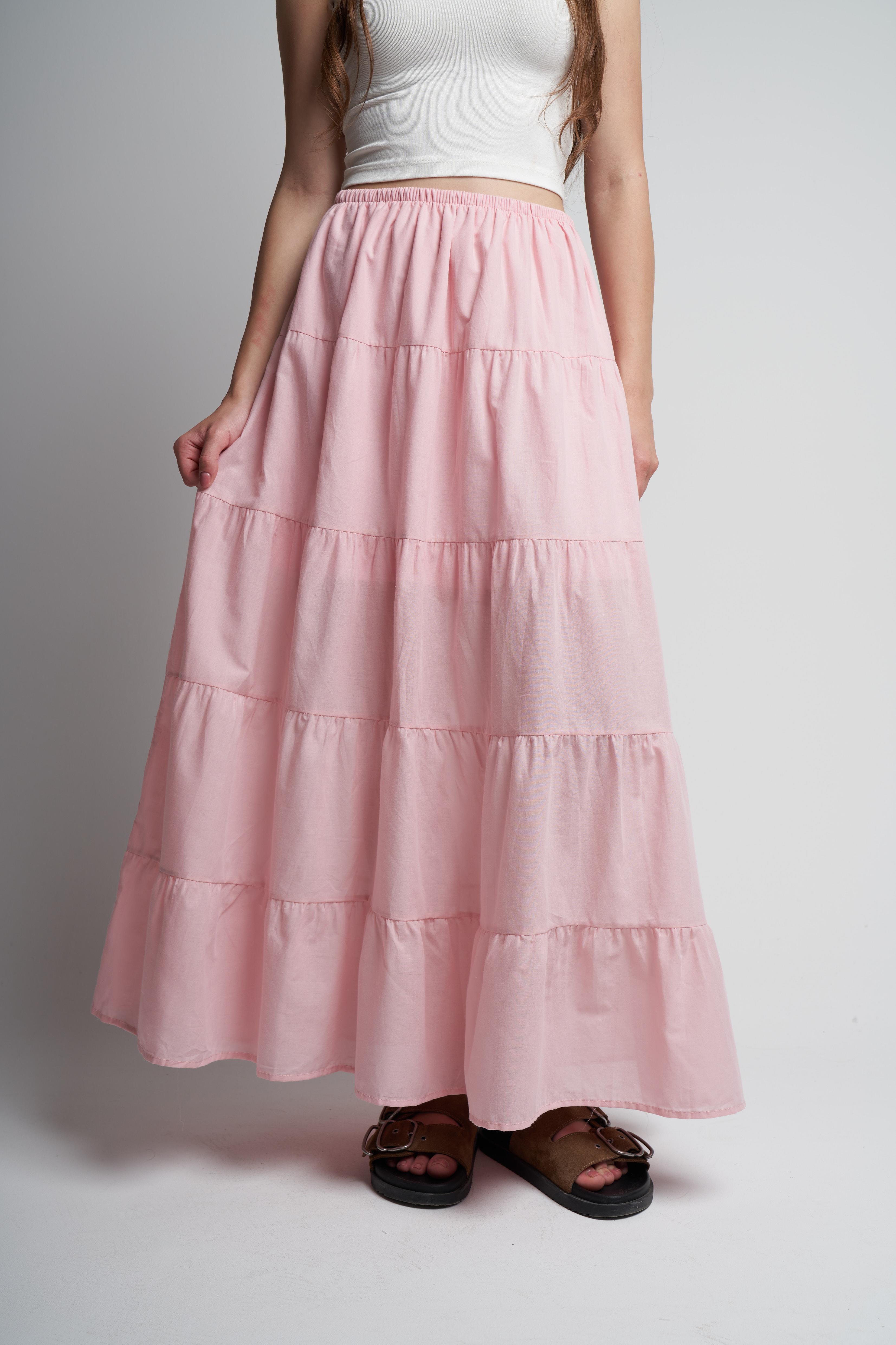 Bel Lastik İç Astarlı Uzun Etek Pudra