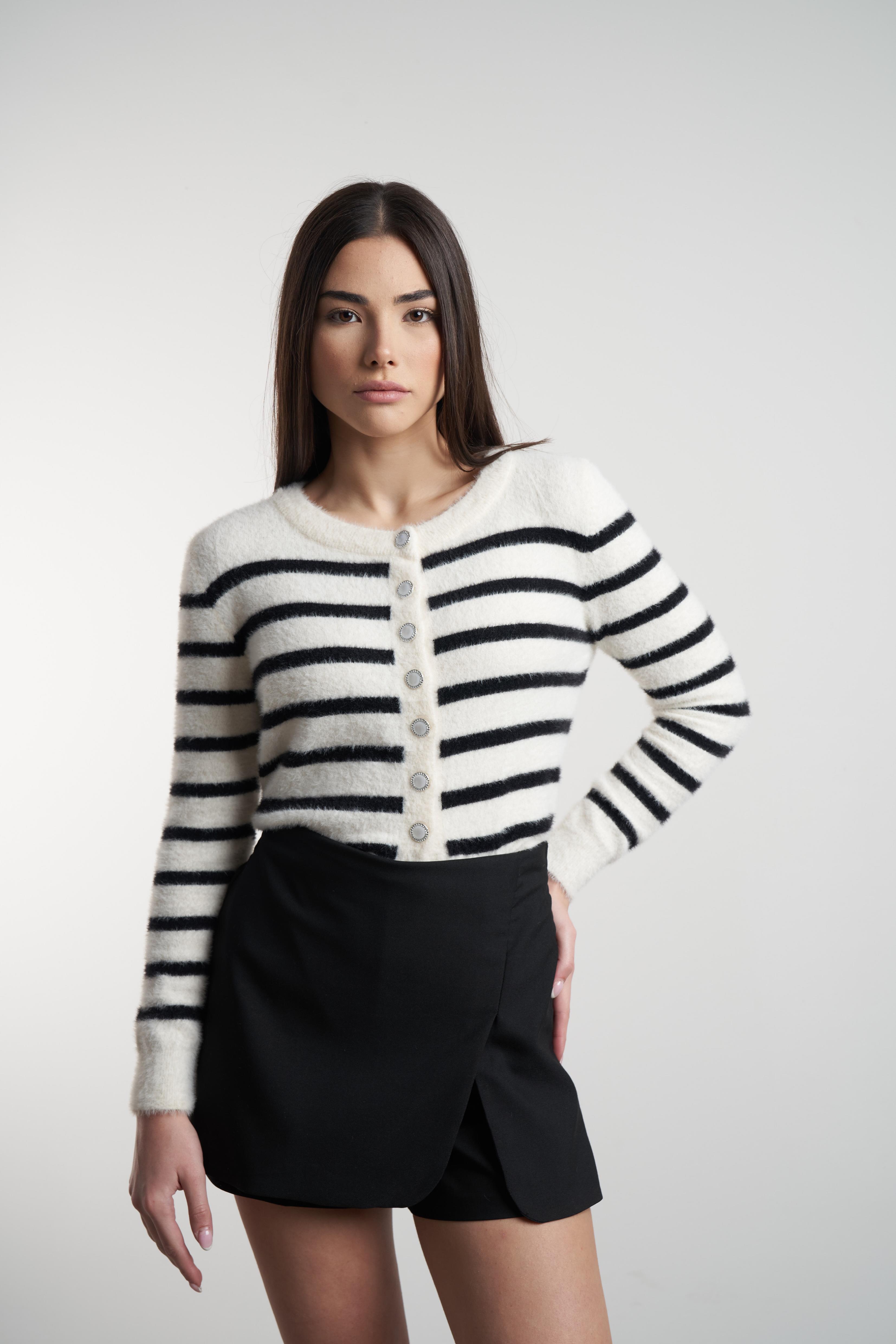 Bisiklet Yaka Çizgili Kısa Hırka Krem-Siyah