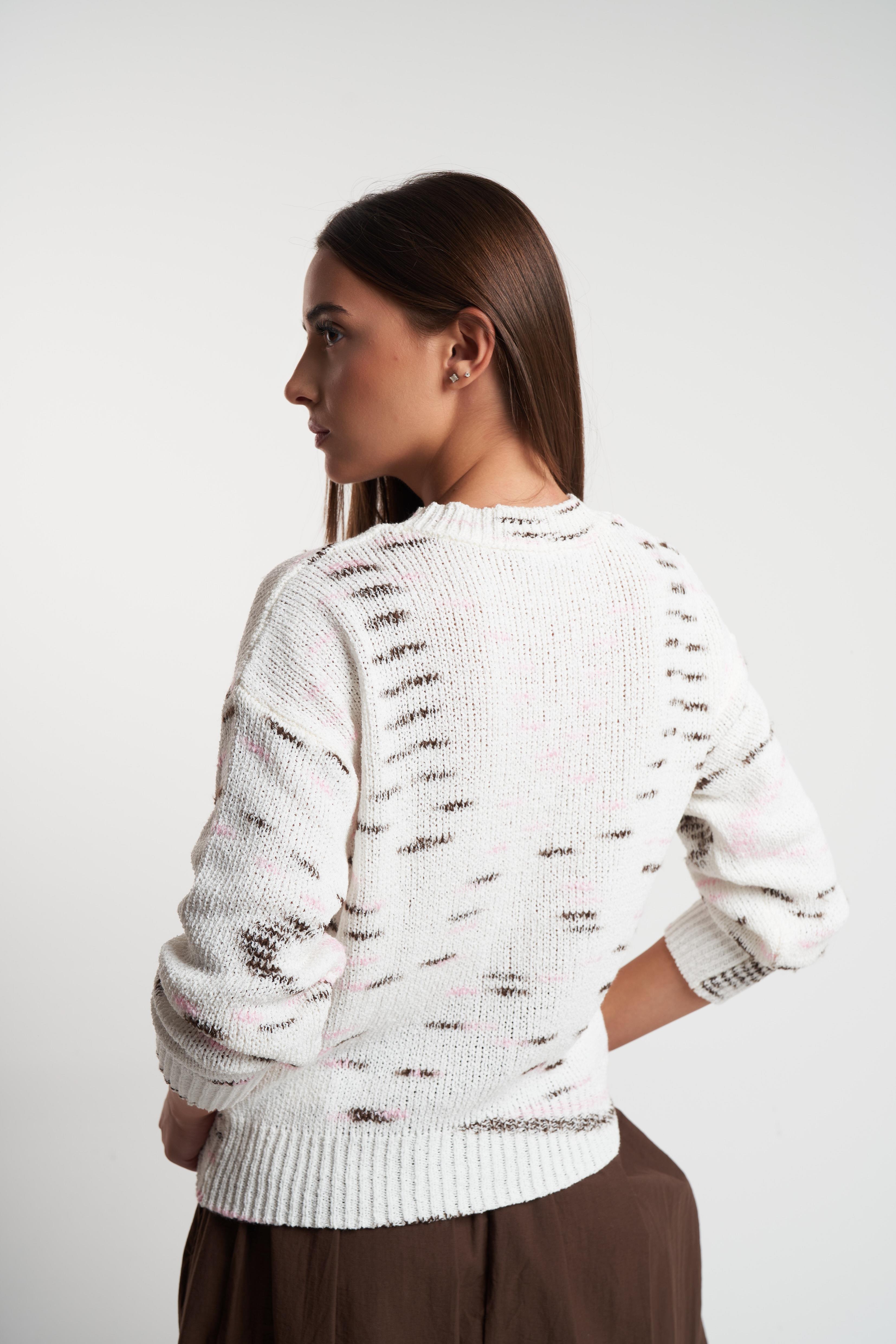 Bisiklet Yaka Desenli Triko Kazak Krem-Kahve