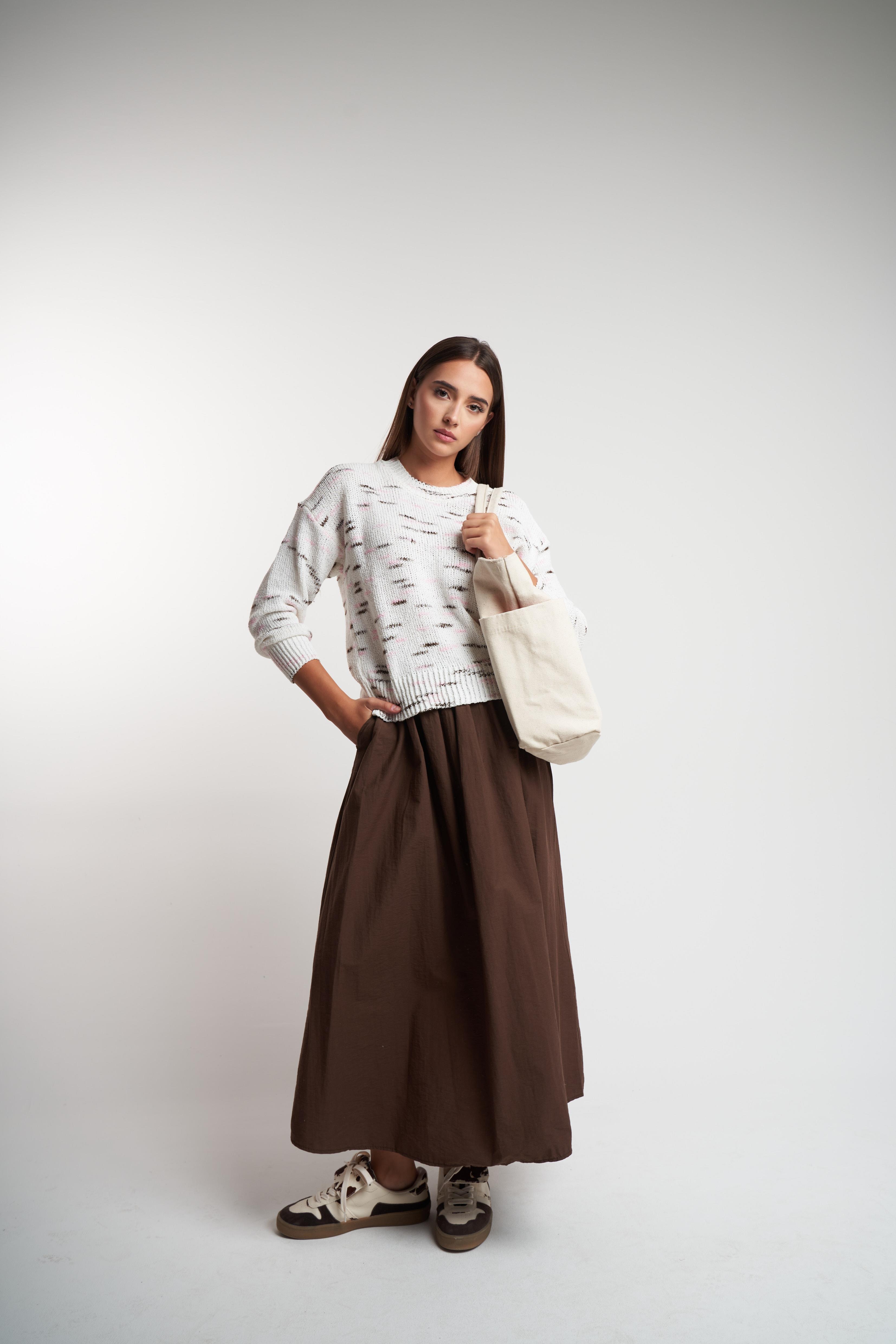 Bisiklet Yaka Desenli Triko Kazak Krem-Kahve