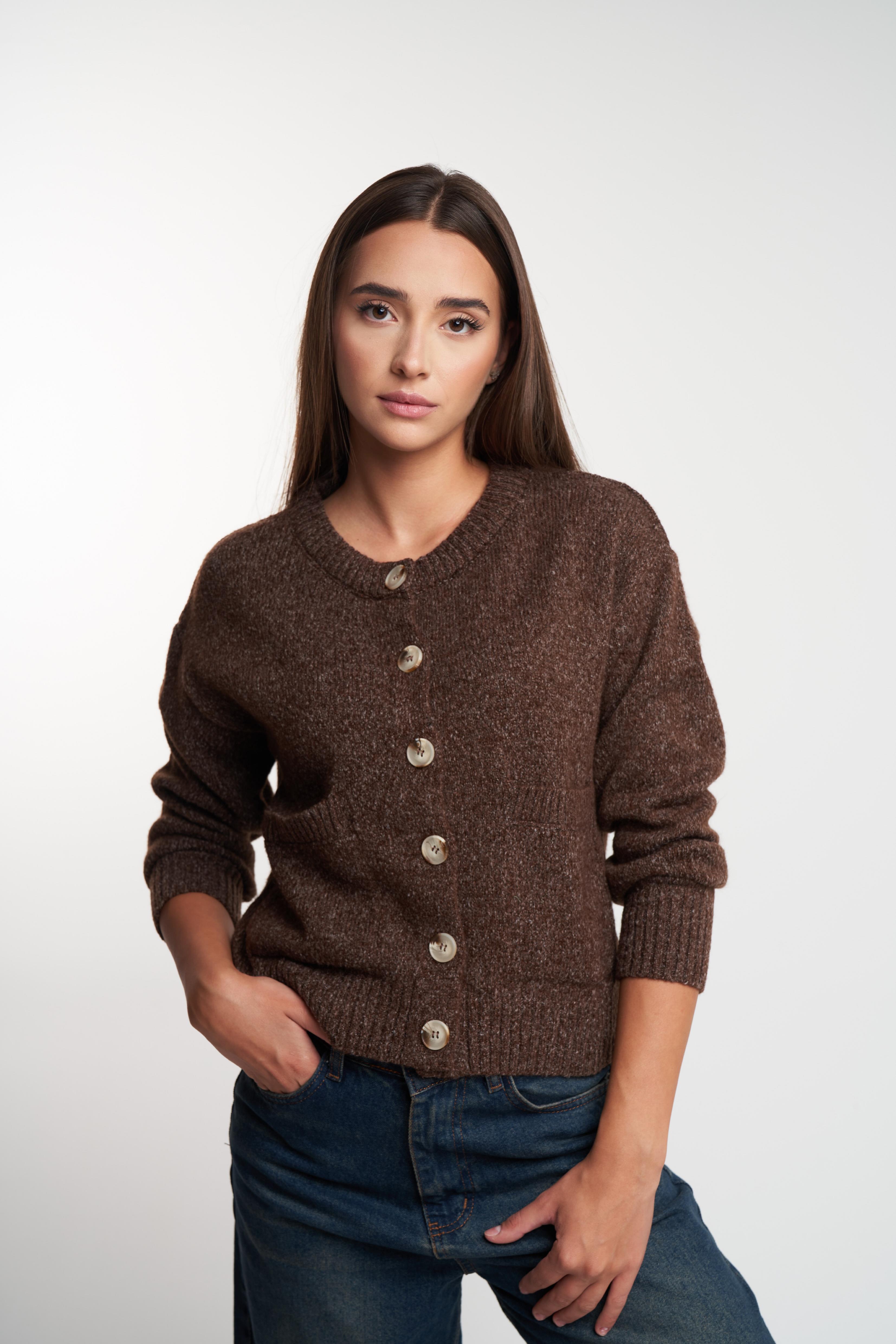 Bisiklet Yaka Düğmeli Kısa Hırka Kahve