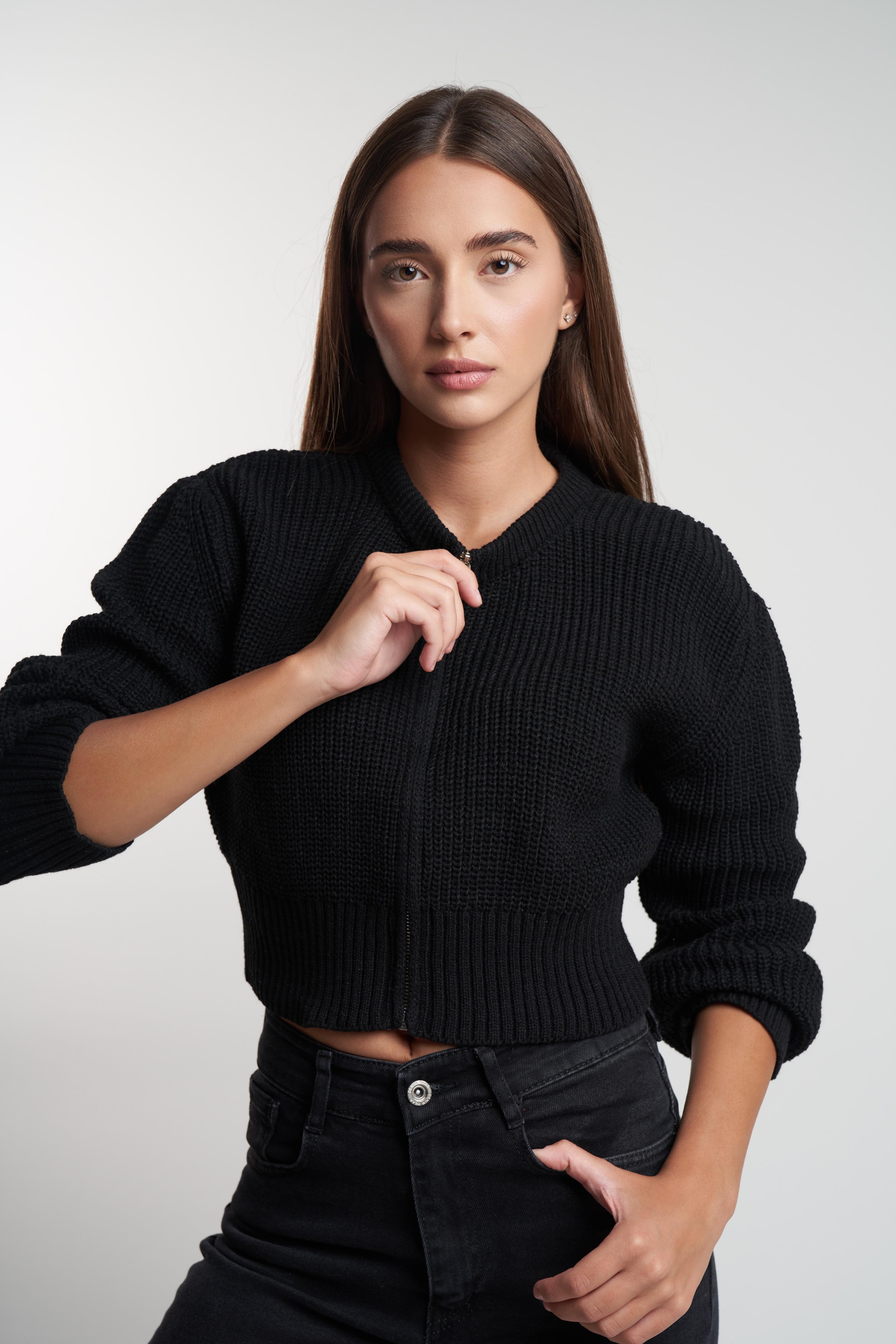 Bisiklet Yaka Fermaurlı Kısa Hırka Siyah