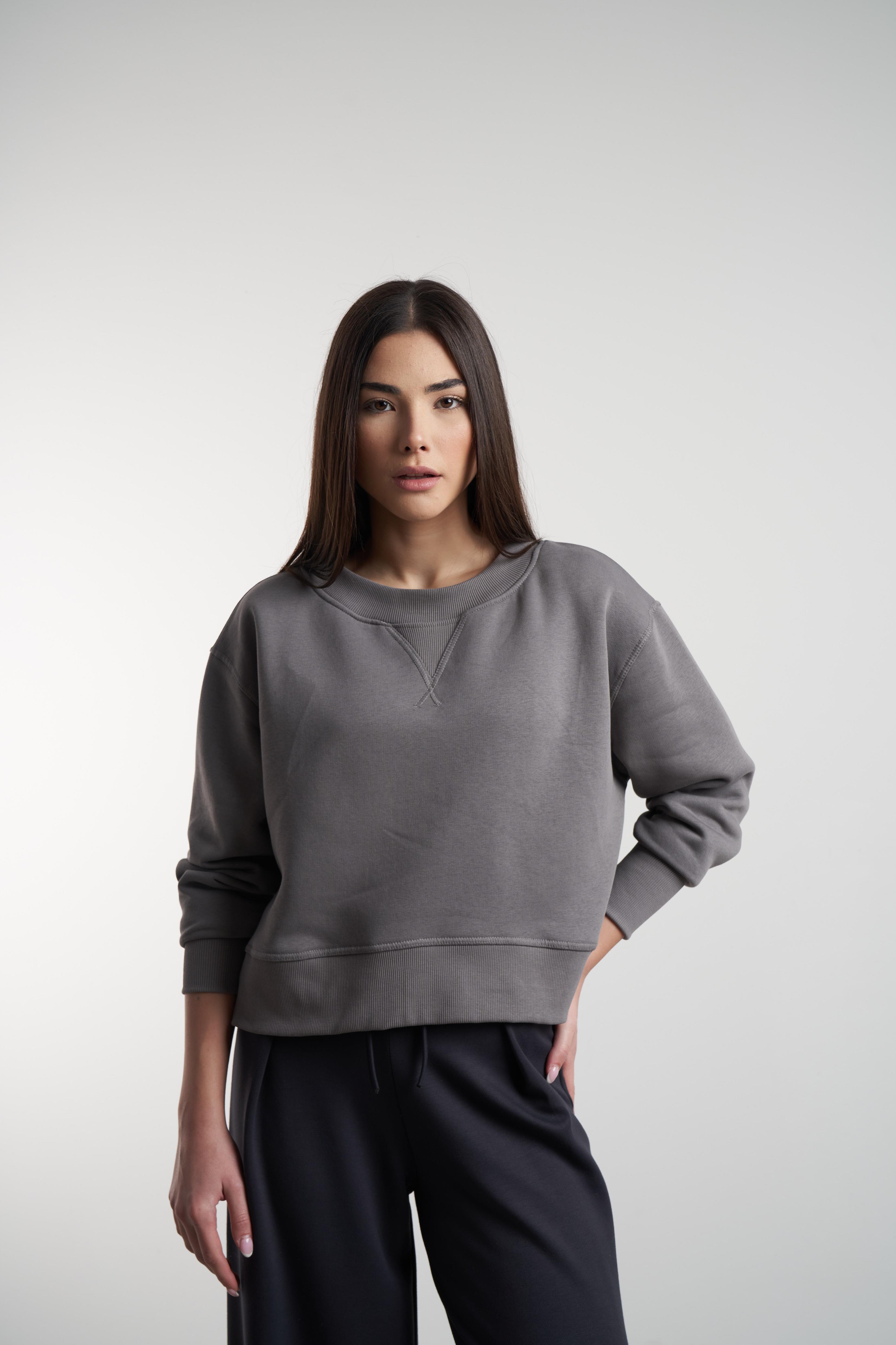 Bisiklet Yaka Şardonlu Sweatshirt B.Gri