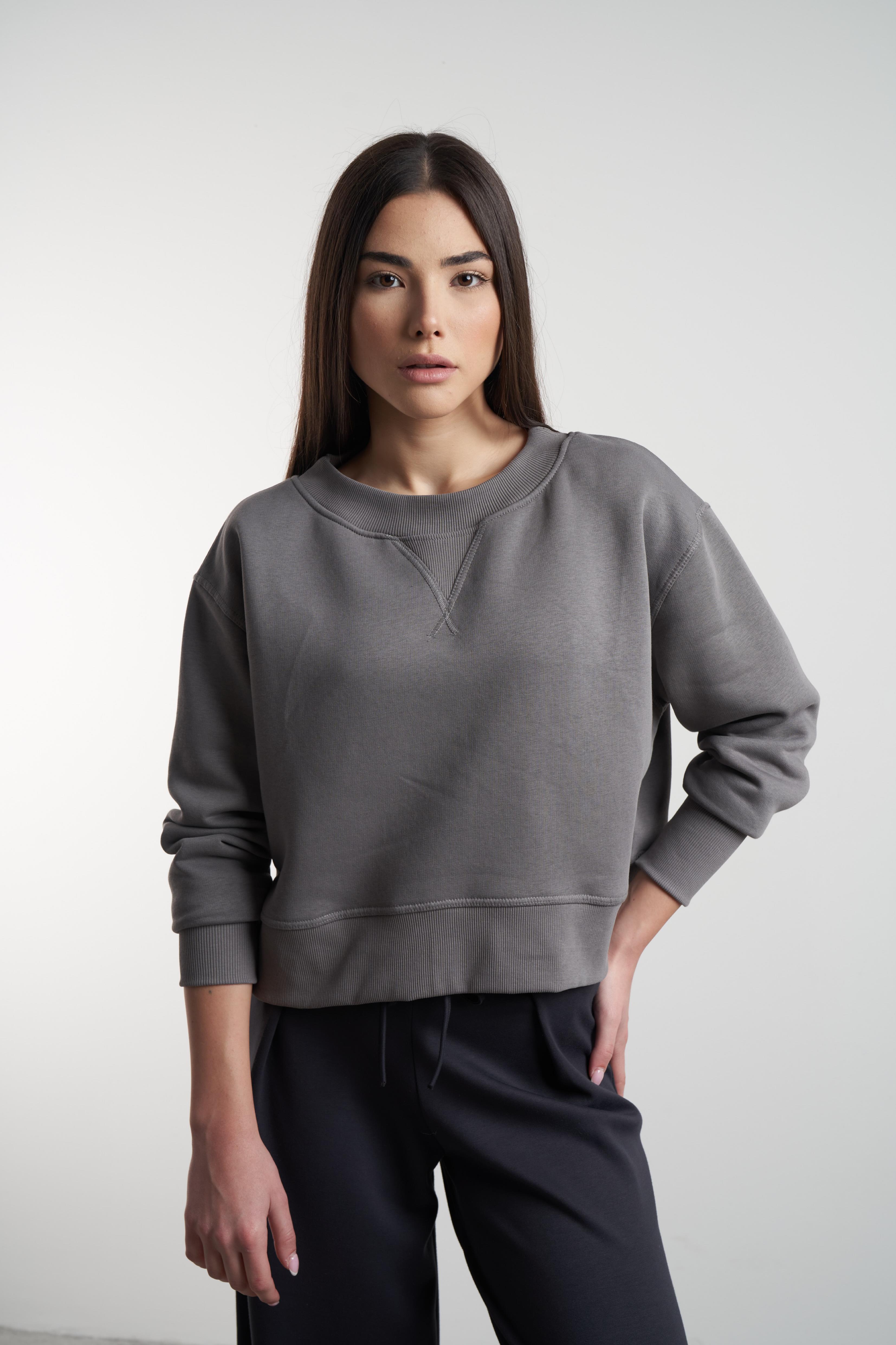 Bisiklet Yaka Şardonlu Sweatshirt B.Gri