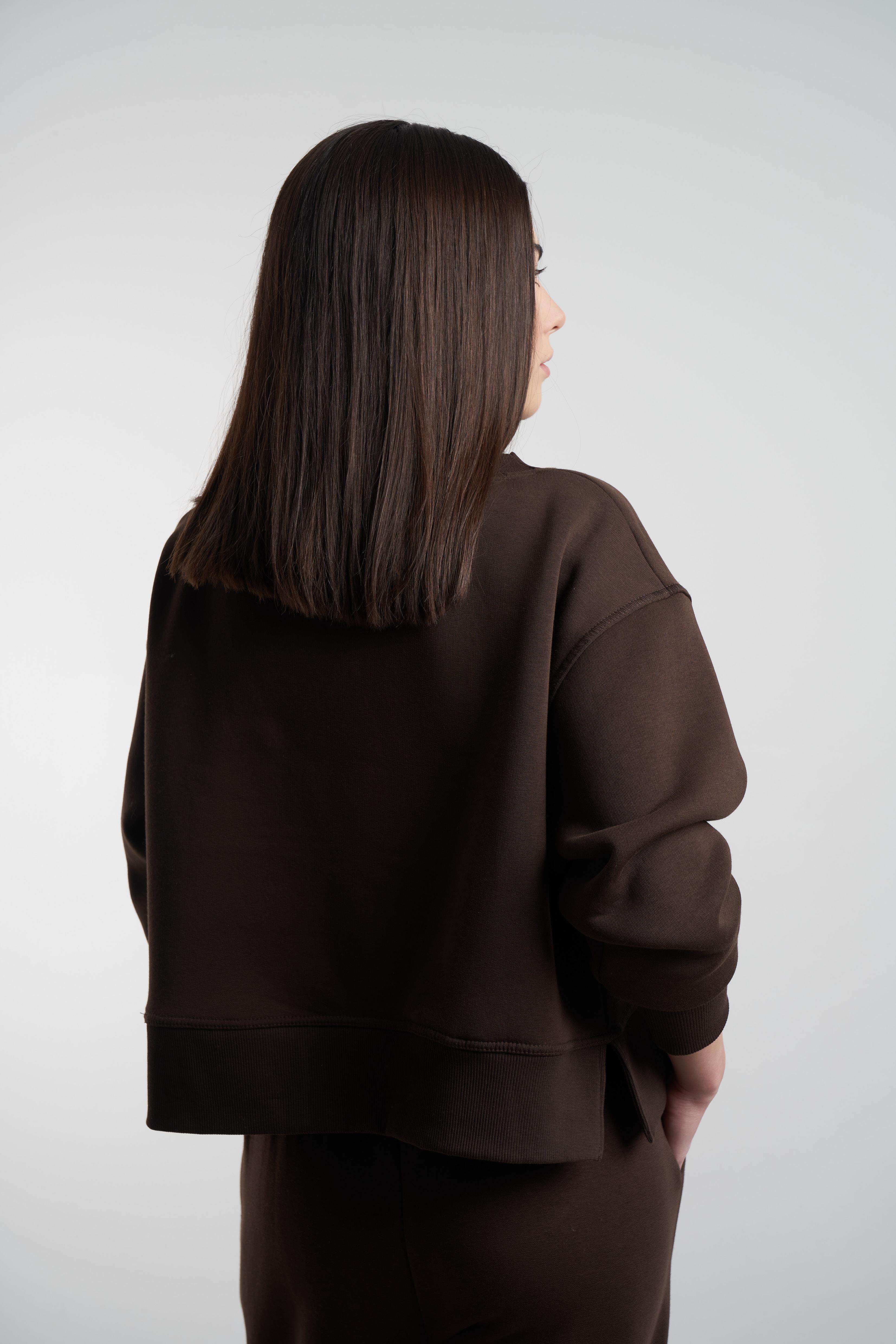 Bisiklet Yaka Şardonlu Sweatshirt Kahve