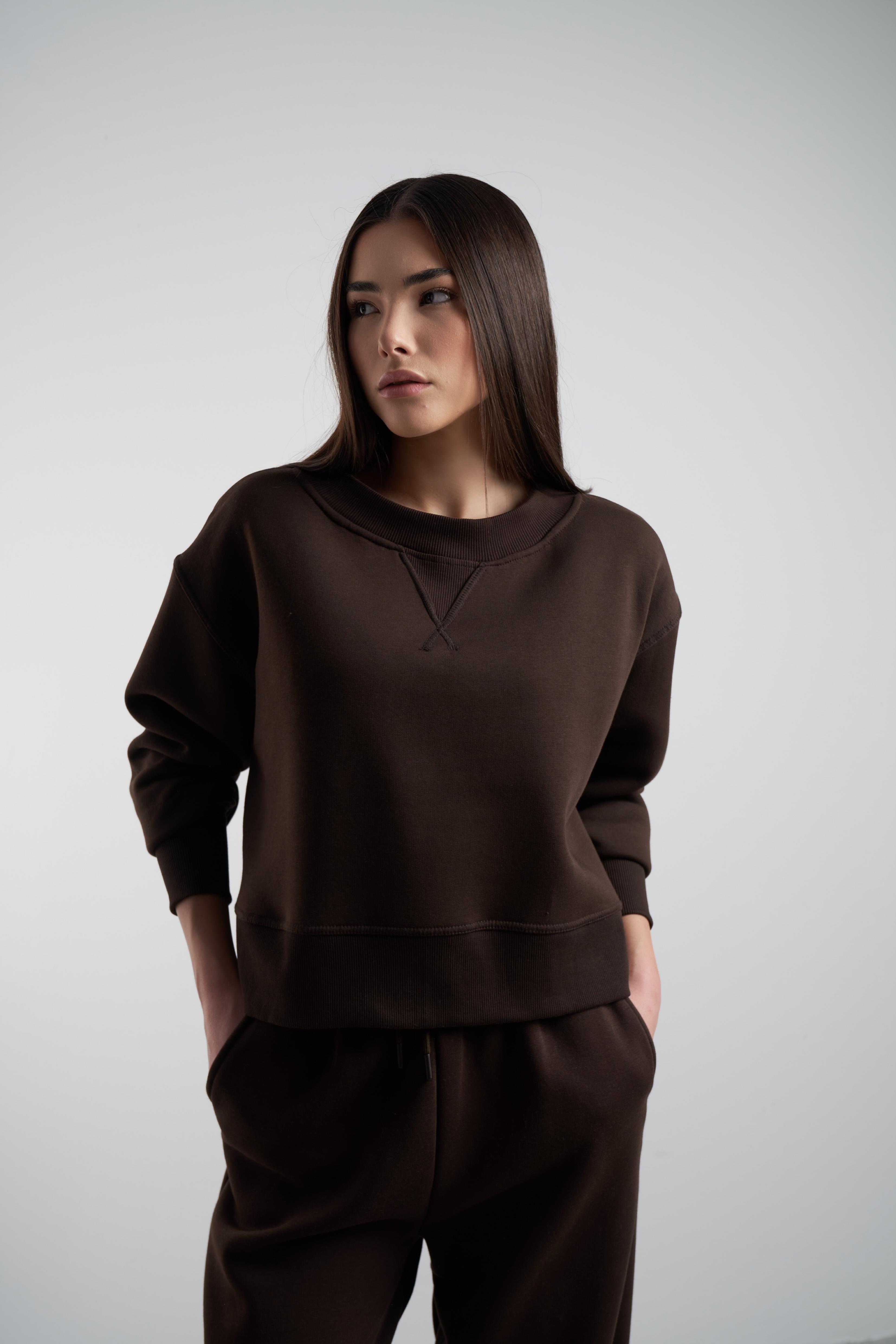 Bisiklet Yaka Şardonlu Sweatshirt Kahve