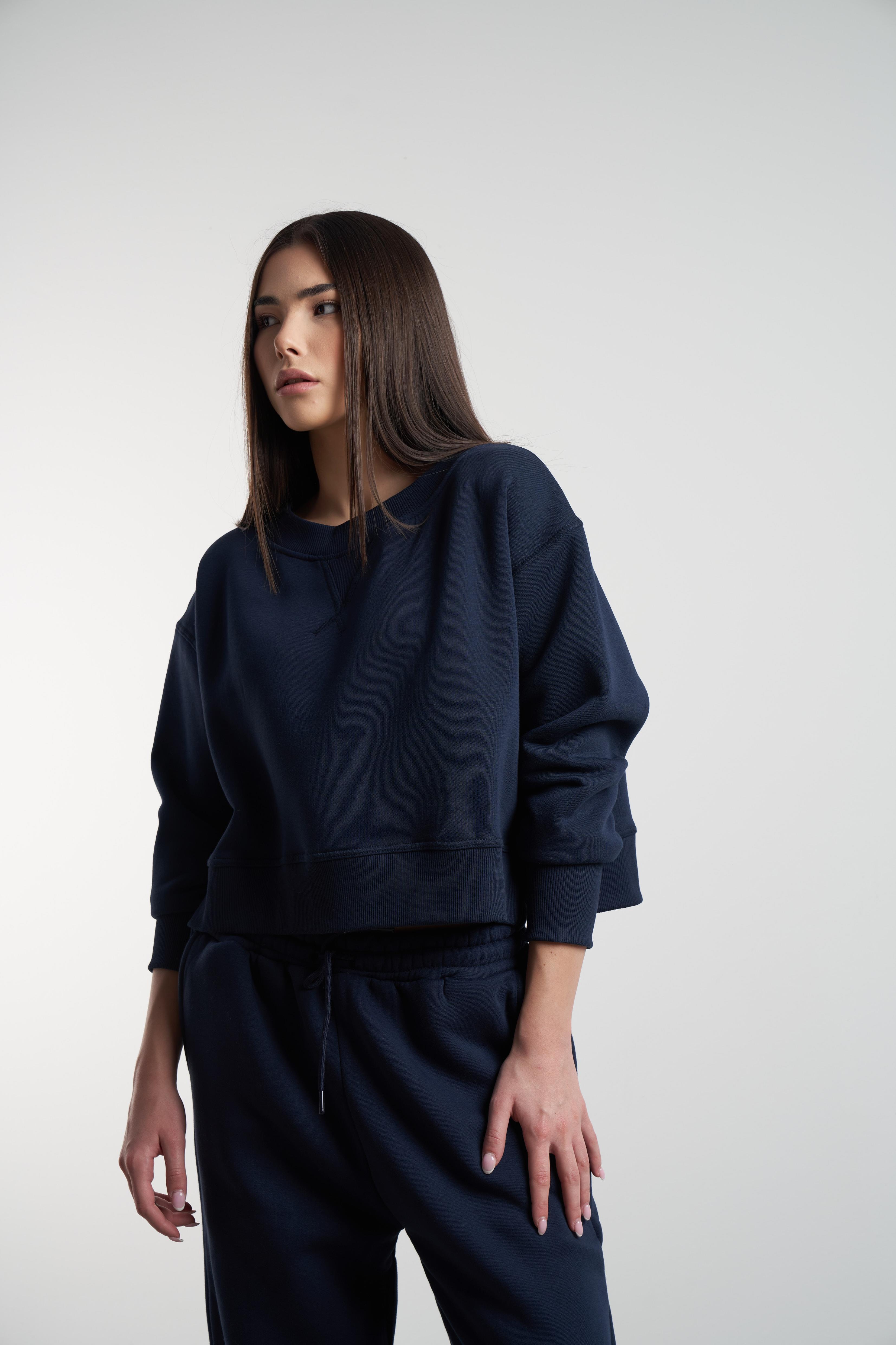 Bisiklet Yaka Şardonlu Sweatshirt Lacivert