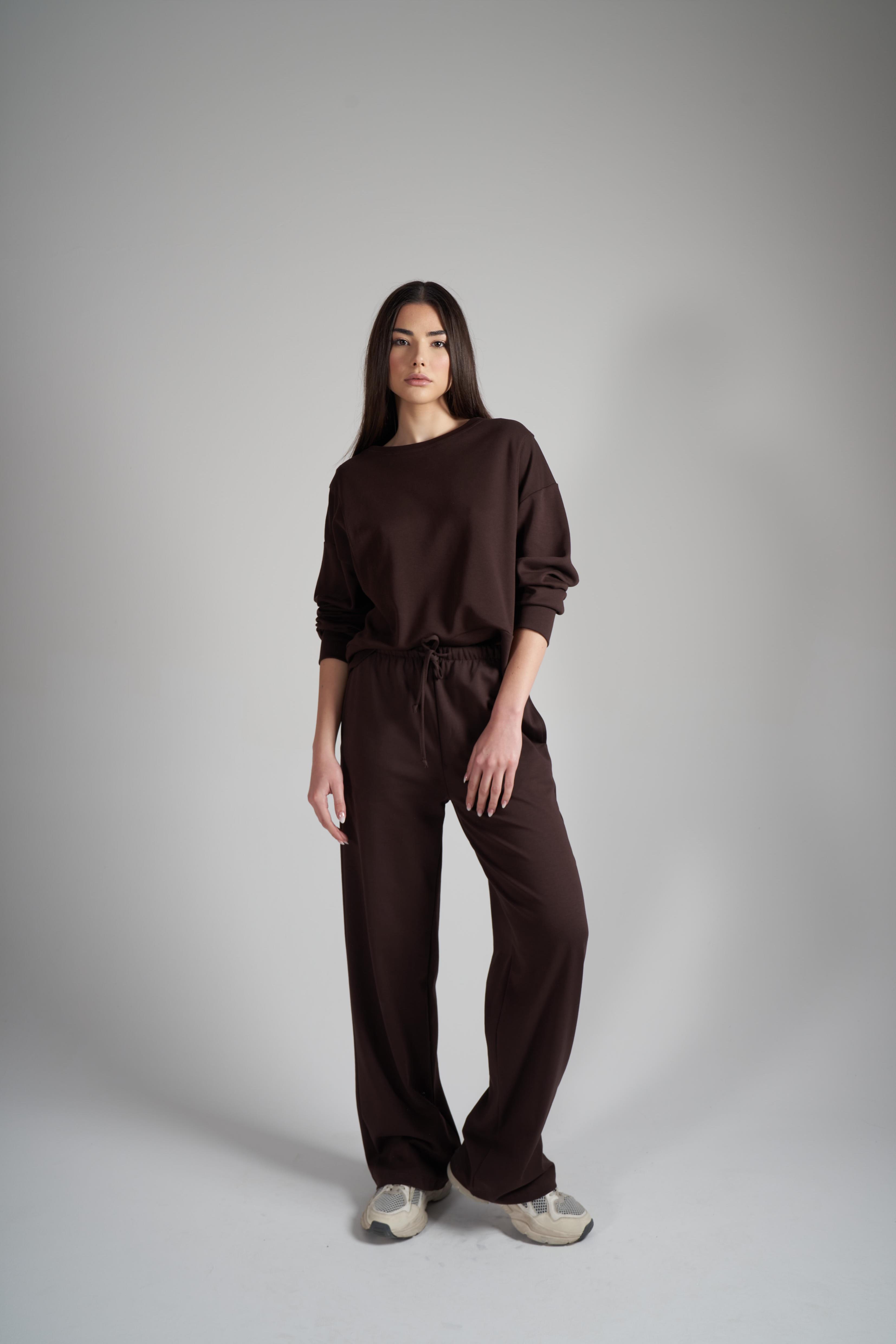 Bol Paça İnterlok Kumaş Pantolon Kahve