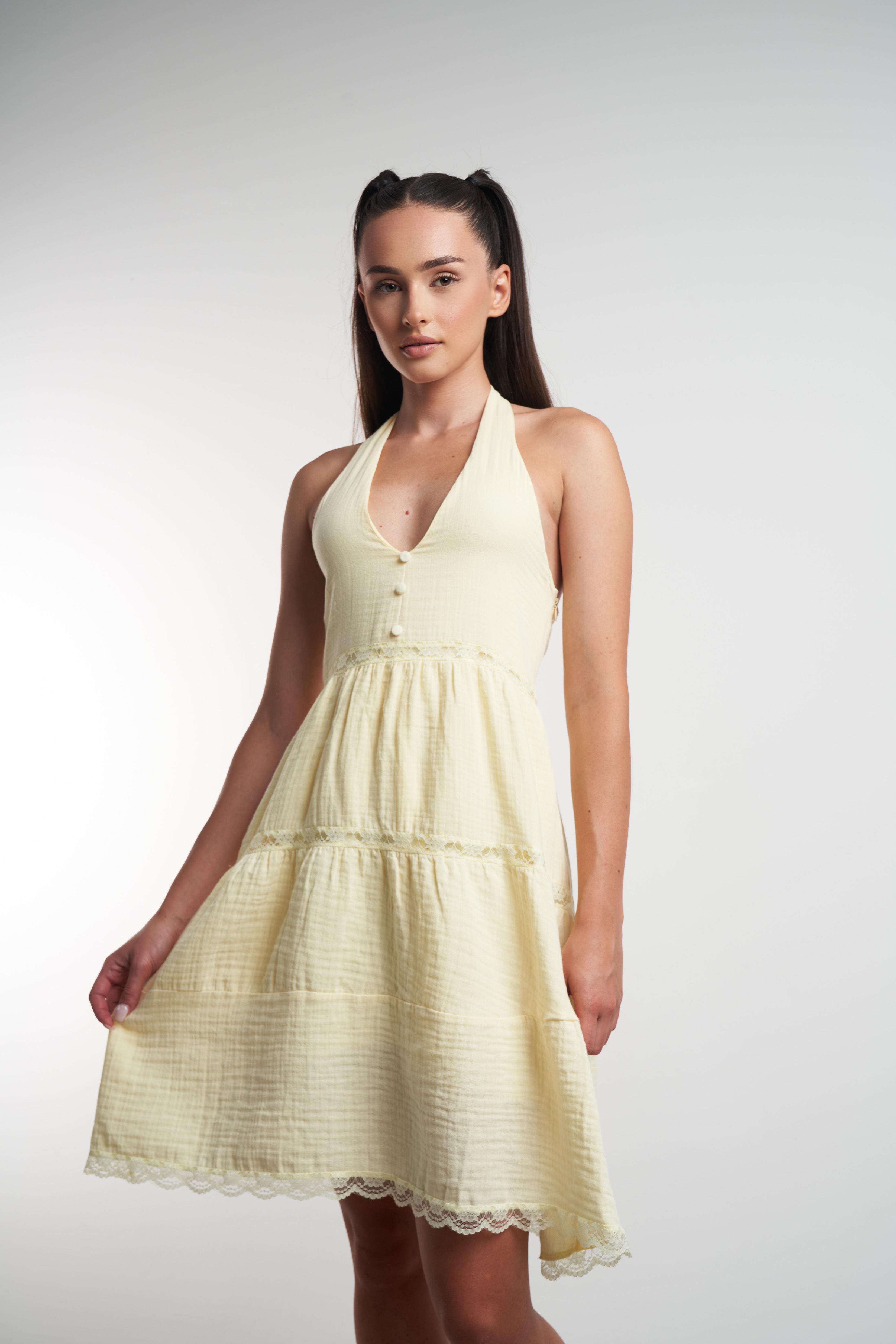 Boyun Askılı Elbise Sarı