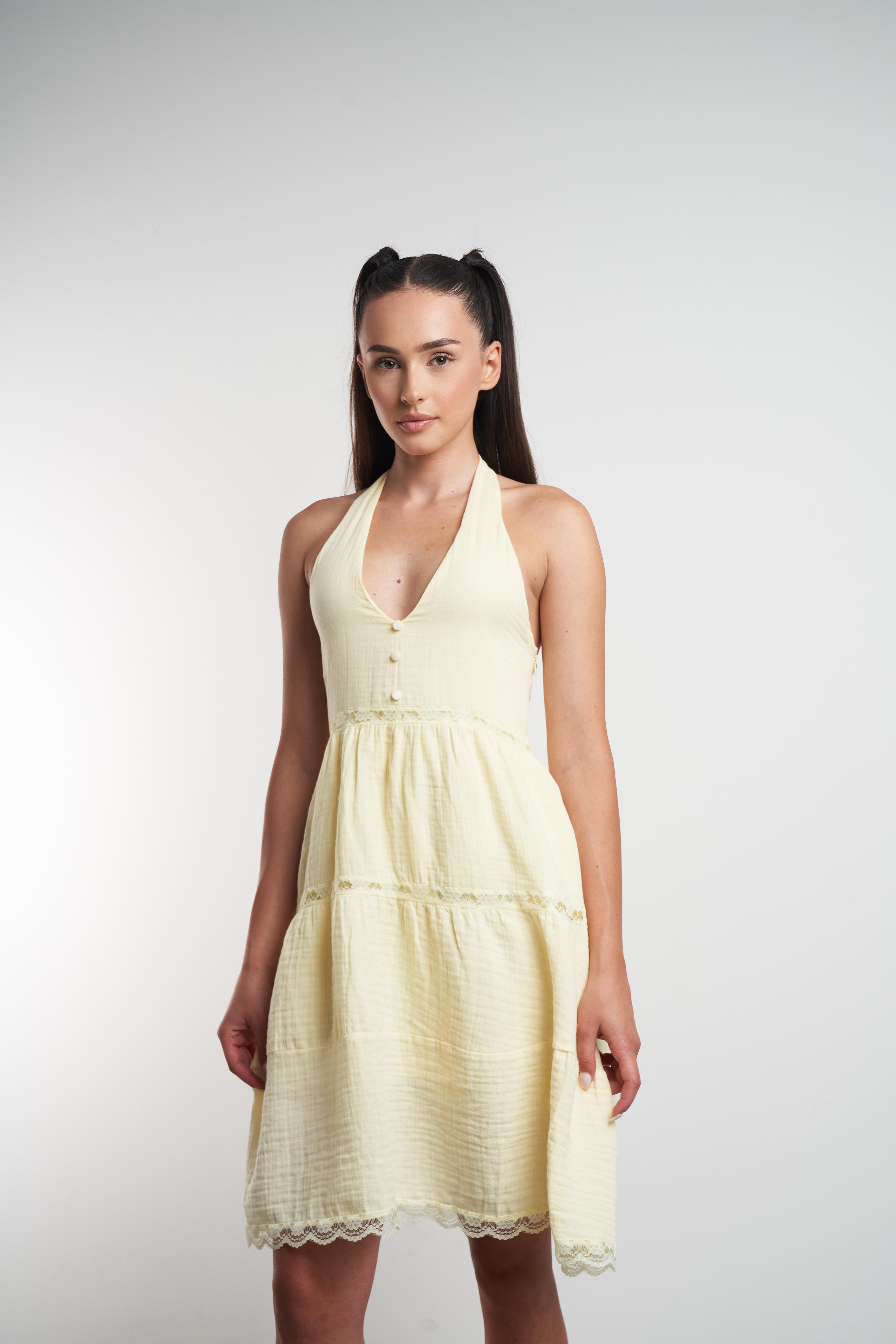 Boyun Askılı Elbise Sarı