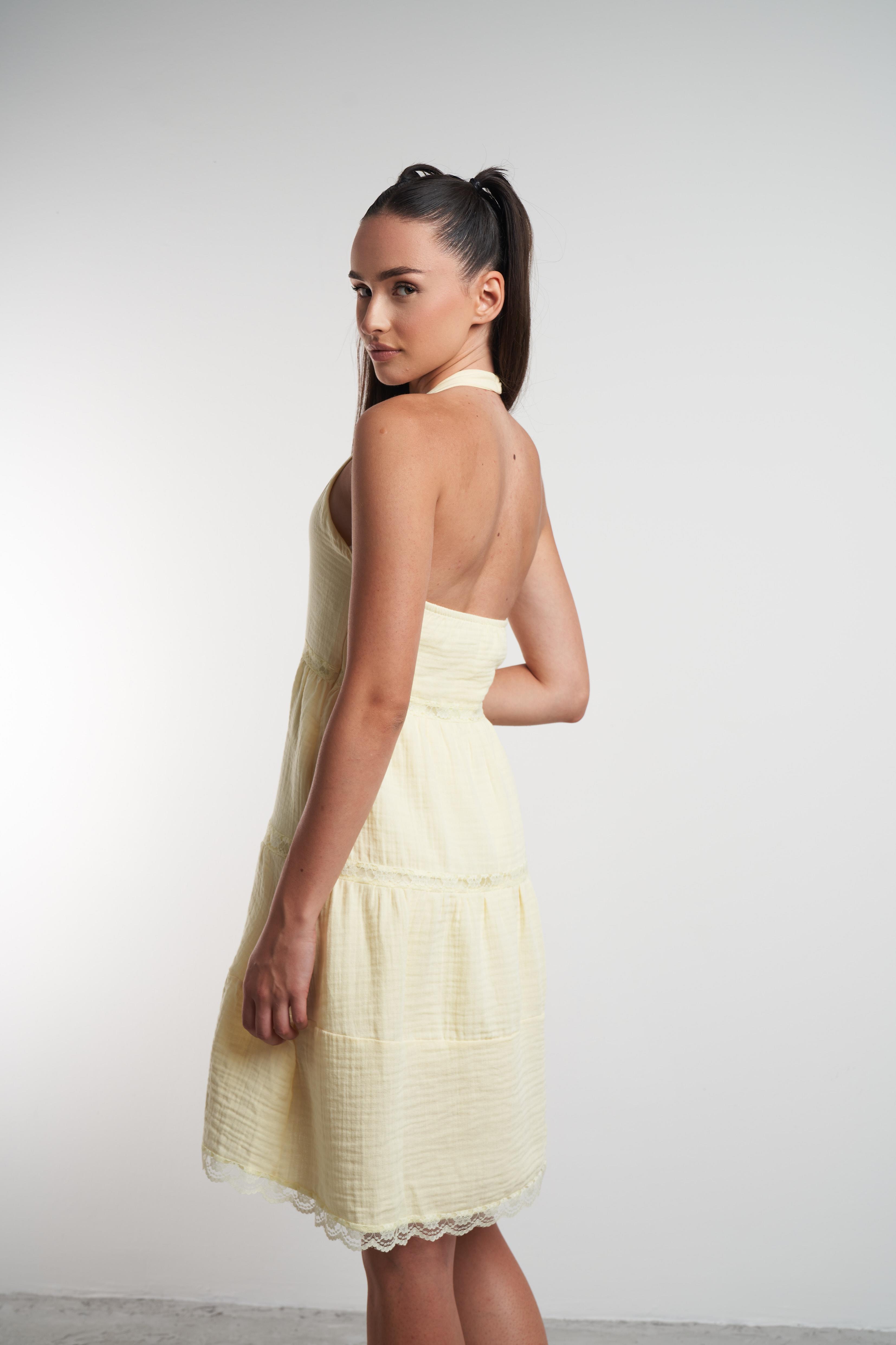 Boyun Askılı Elbise Sarı