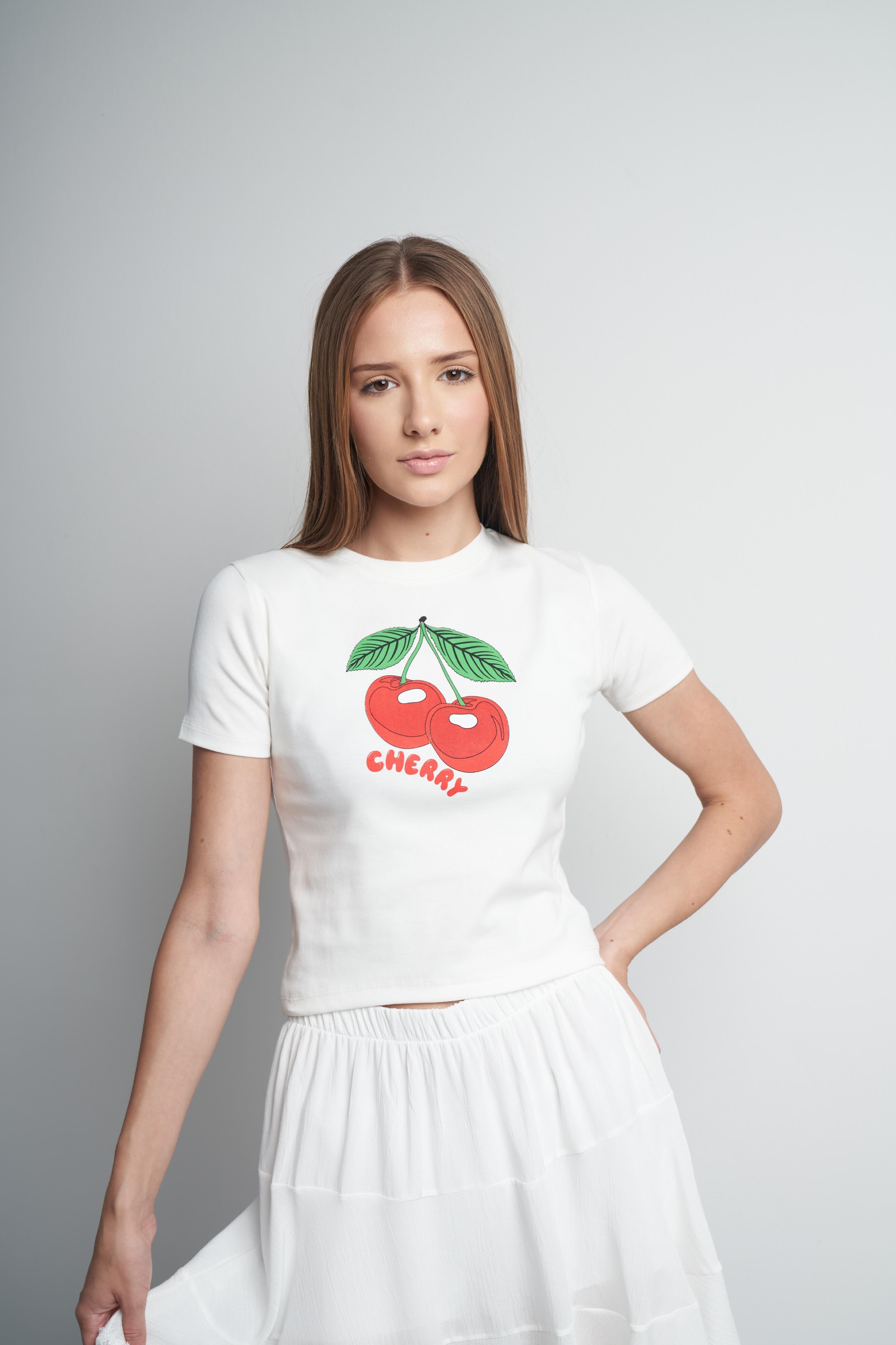 Cherry Baskılı Kısa Kol Bluz Ekru